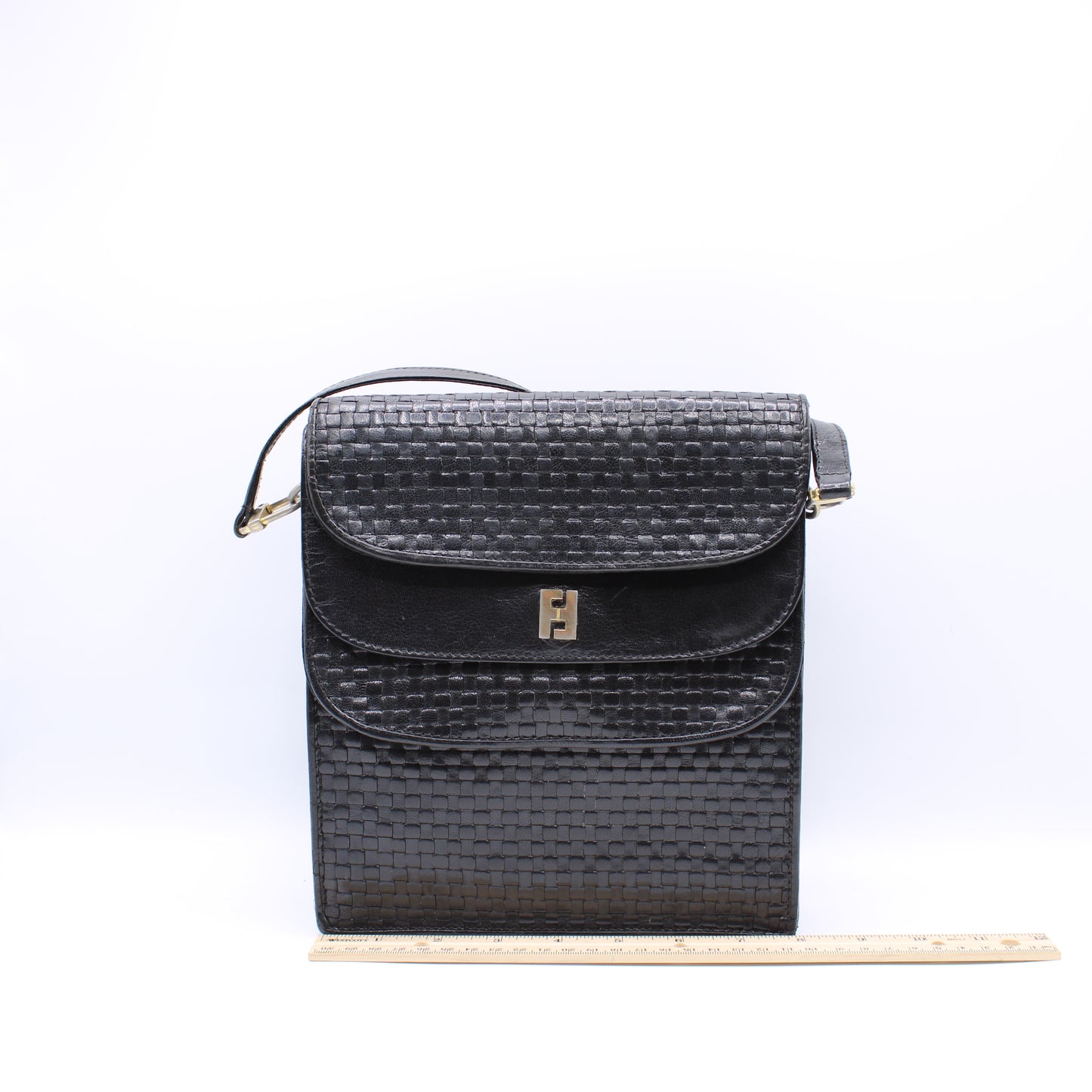 Fendi Black Woven Leather Multi-Pocket Shoulder Bag