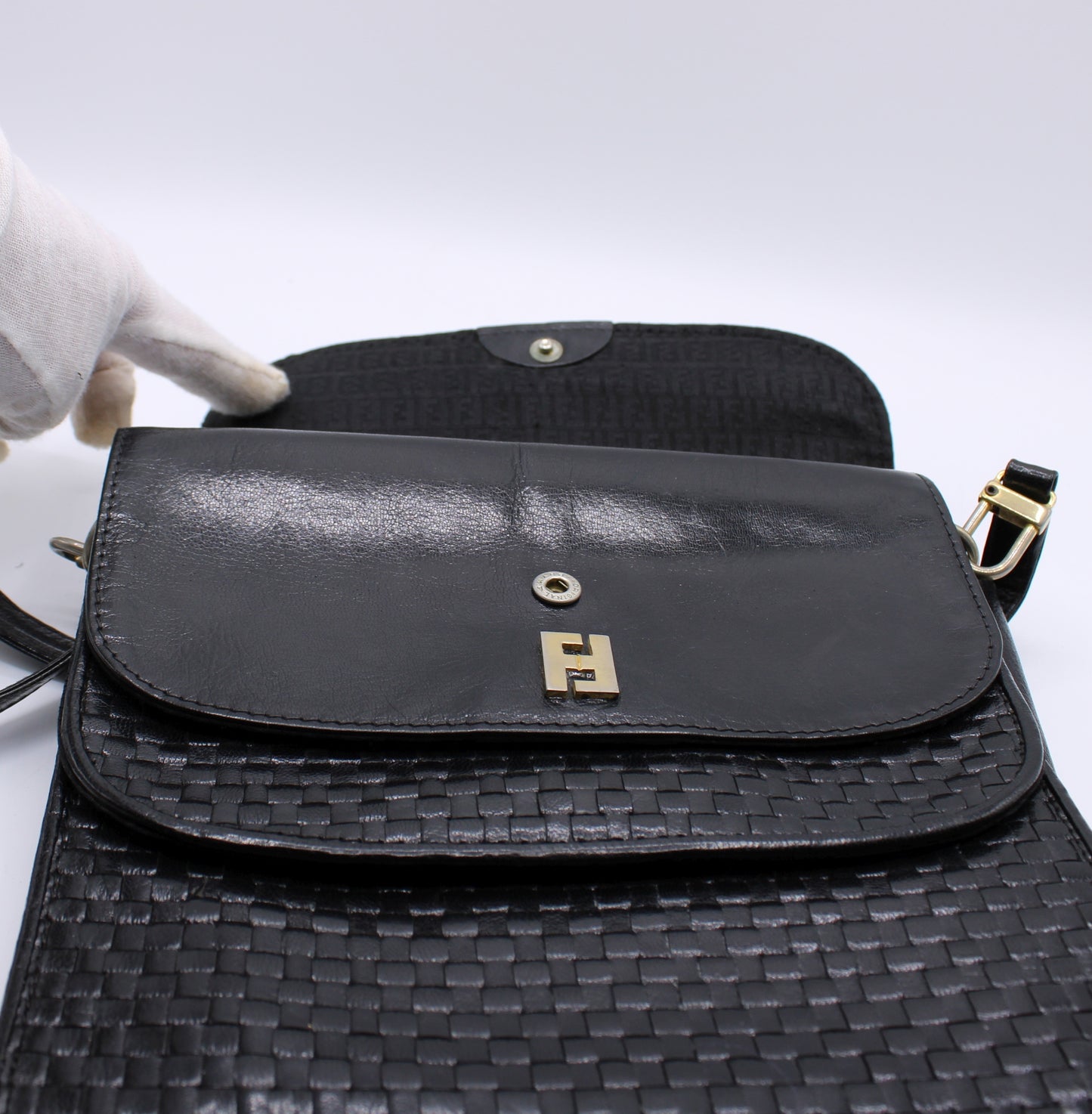 Fendi Black Woven Leather Multi-Pocket Shoulder Bag