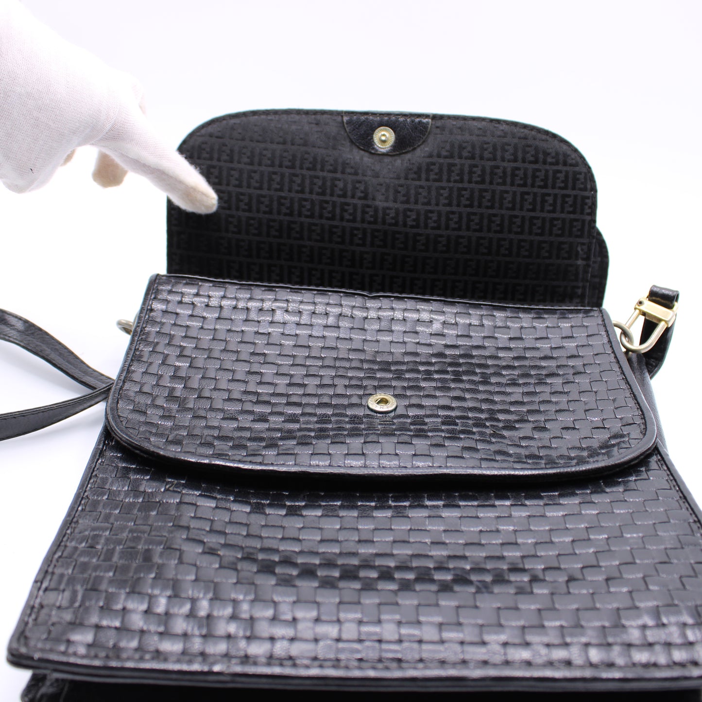 Fendi Black Woven Leather Multi-Pocket Shoulder Bag