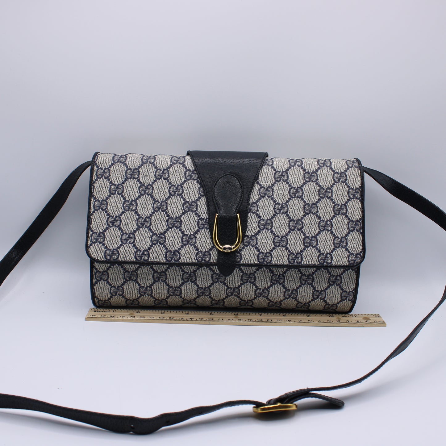 Gucci Navy GG Canvas Leather Convertible Clutch Crossbody Bag Vintage