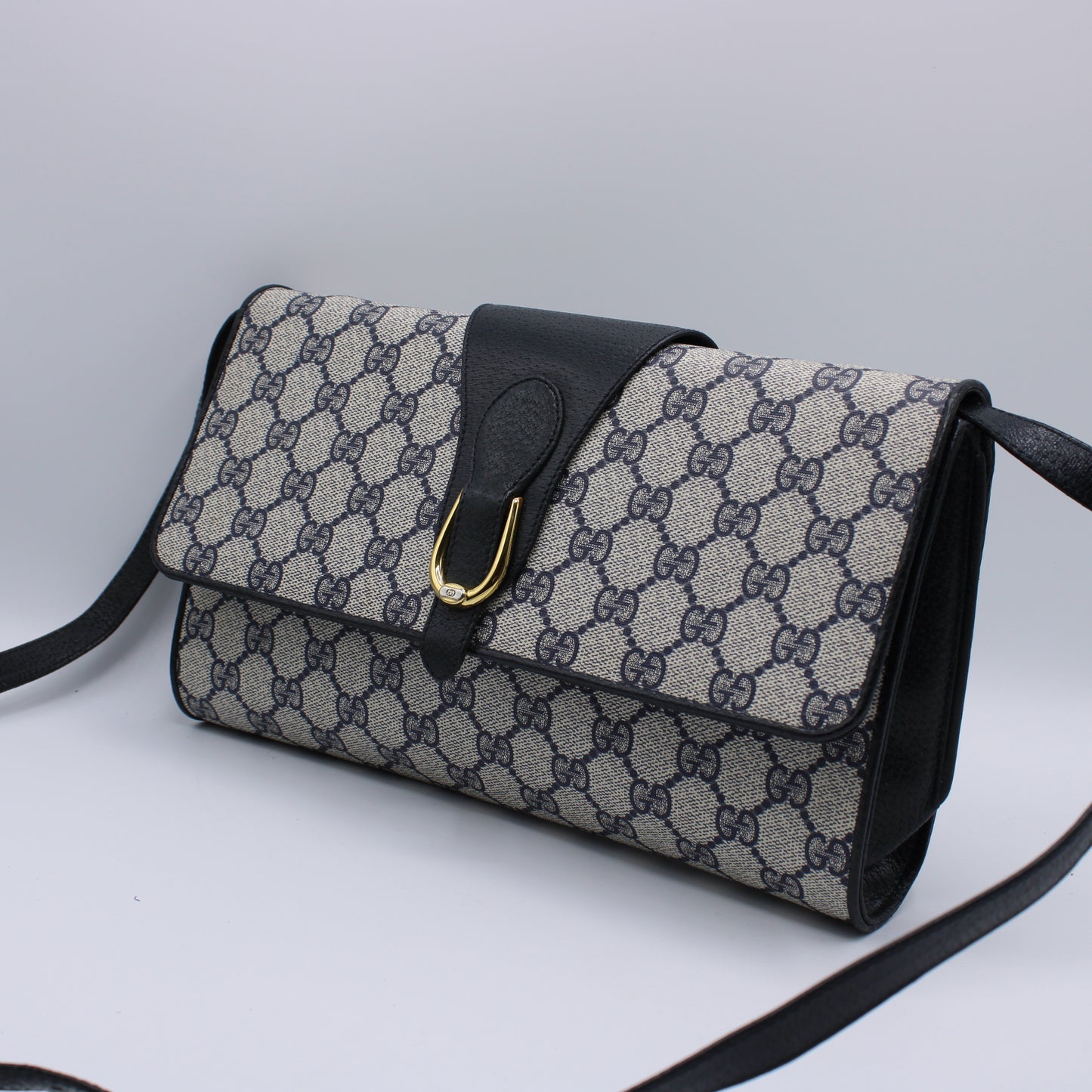 Gucci Navy GG Canvas and Leather Convertible Clutch Crossbody Bag side left