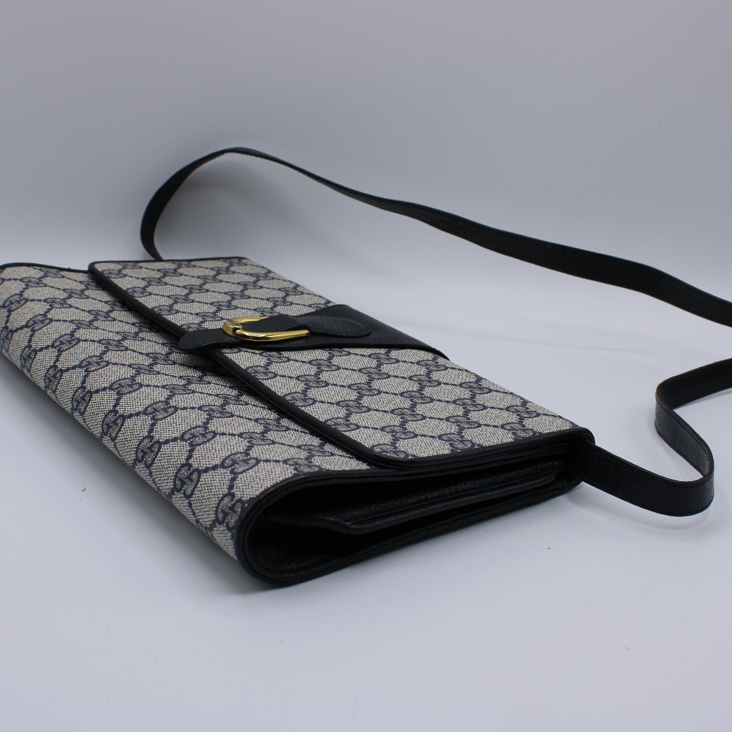 Gucci Navy GG Canvas Leather Convertible Clutch Crossbody Bag Vintage