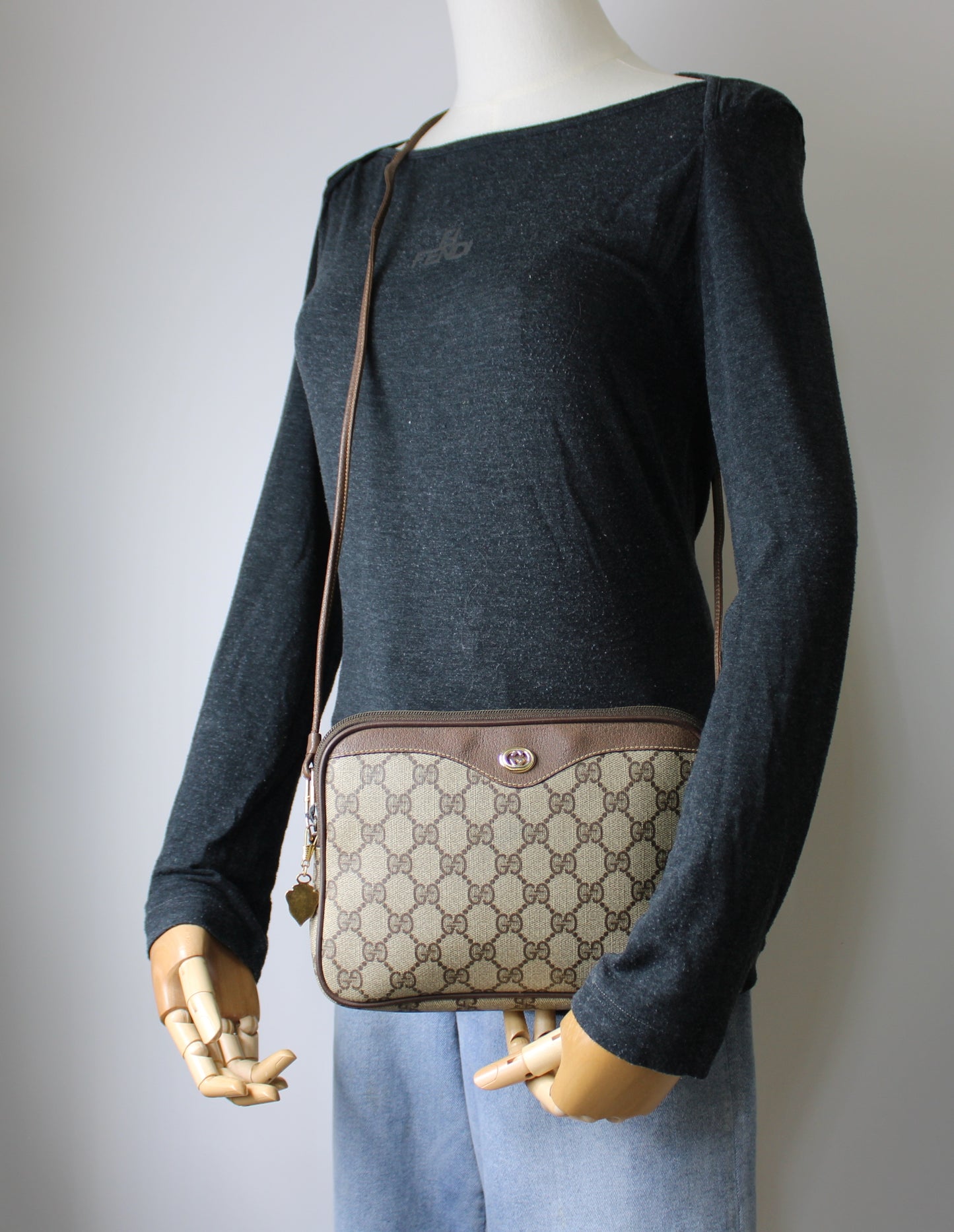 Gucci Ophidia GG Brown Crossbody Bag Leather Trim Vintage