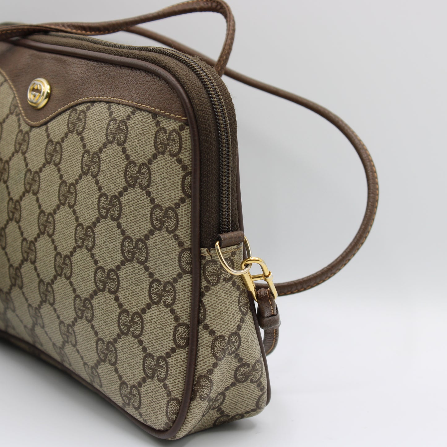 Gucci Ophidia GG Brown Crossbody Bag Leather Trim Vintage