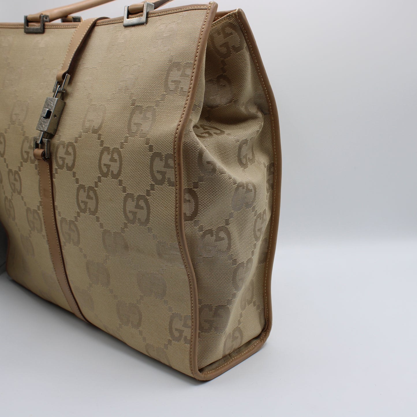 Gucci Jackie 1961 Beige Leather Trim Tote Bag Vintage