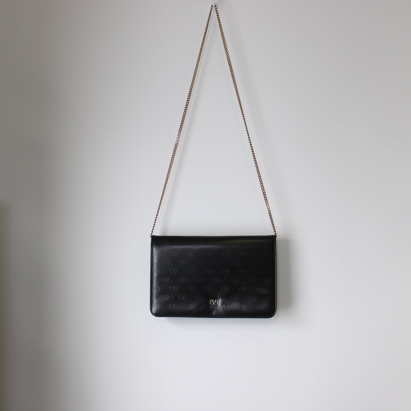 Valentino Garavani Black Lambskin Embossed Flap on Chain Crossbody Bag