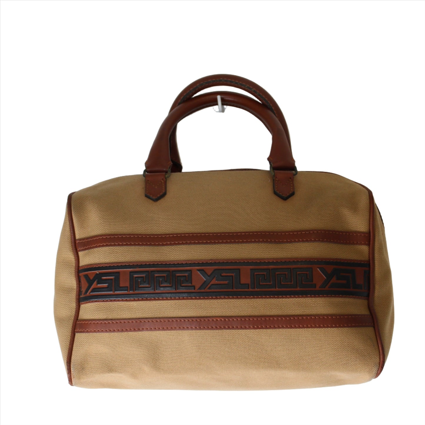 Yves Saint Laurent Tan YSL Canvas Leather Trim Boston Bag