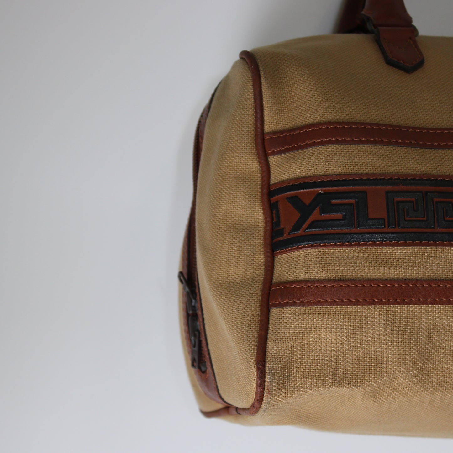 Yves Saint Laurent Tan YSL Canvas Leather Trim Boston Bag