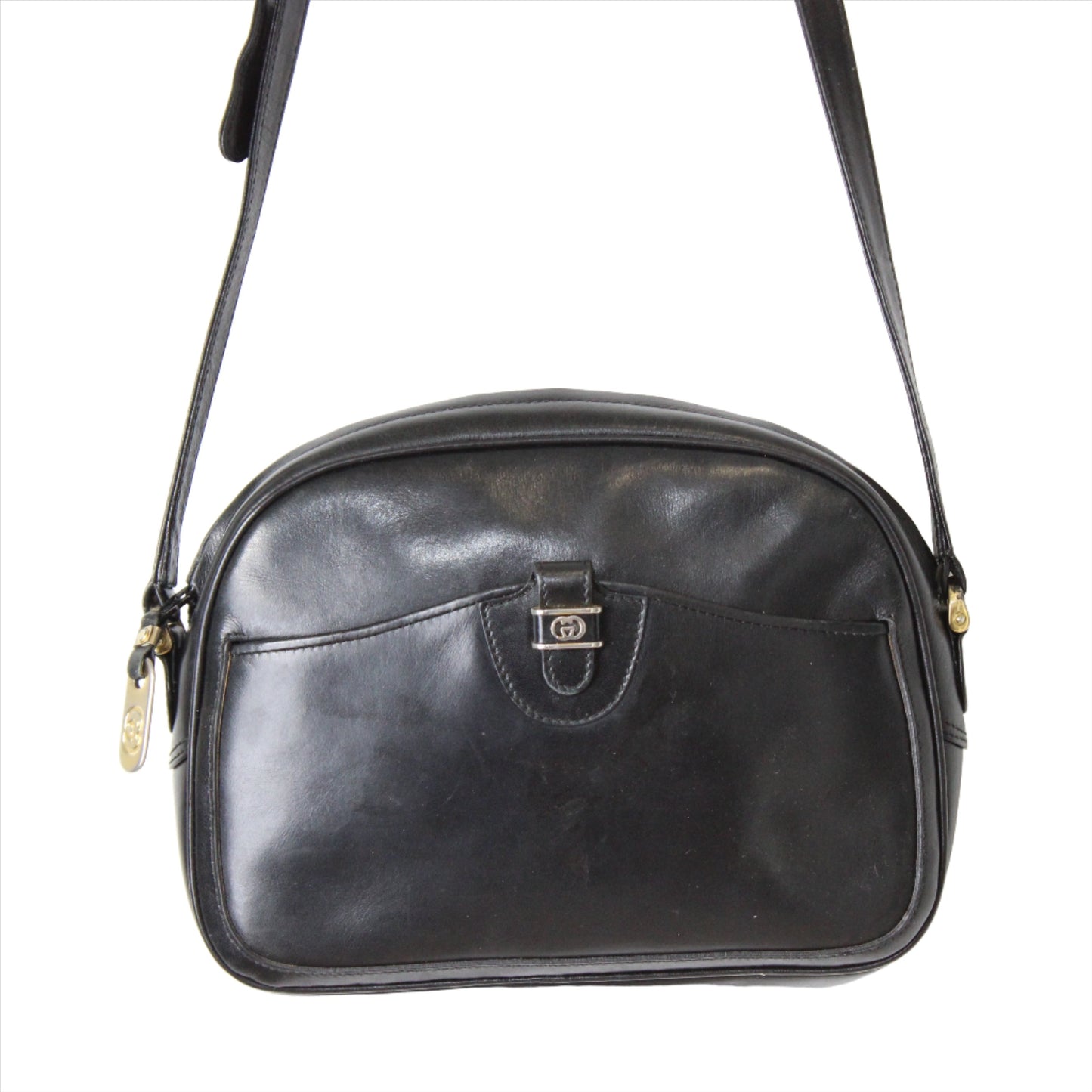 Gucci Black Leather Crossbody Bag with Logo Charm front
