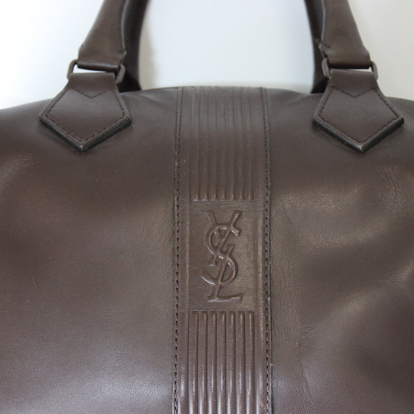 Yves Saint Laurent Brown Leather YSL Logo Boston Bag Vintage