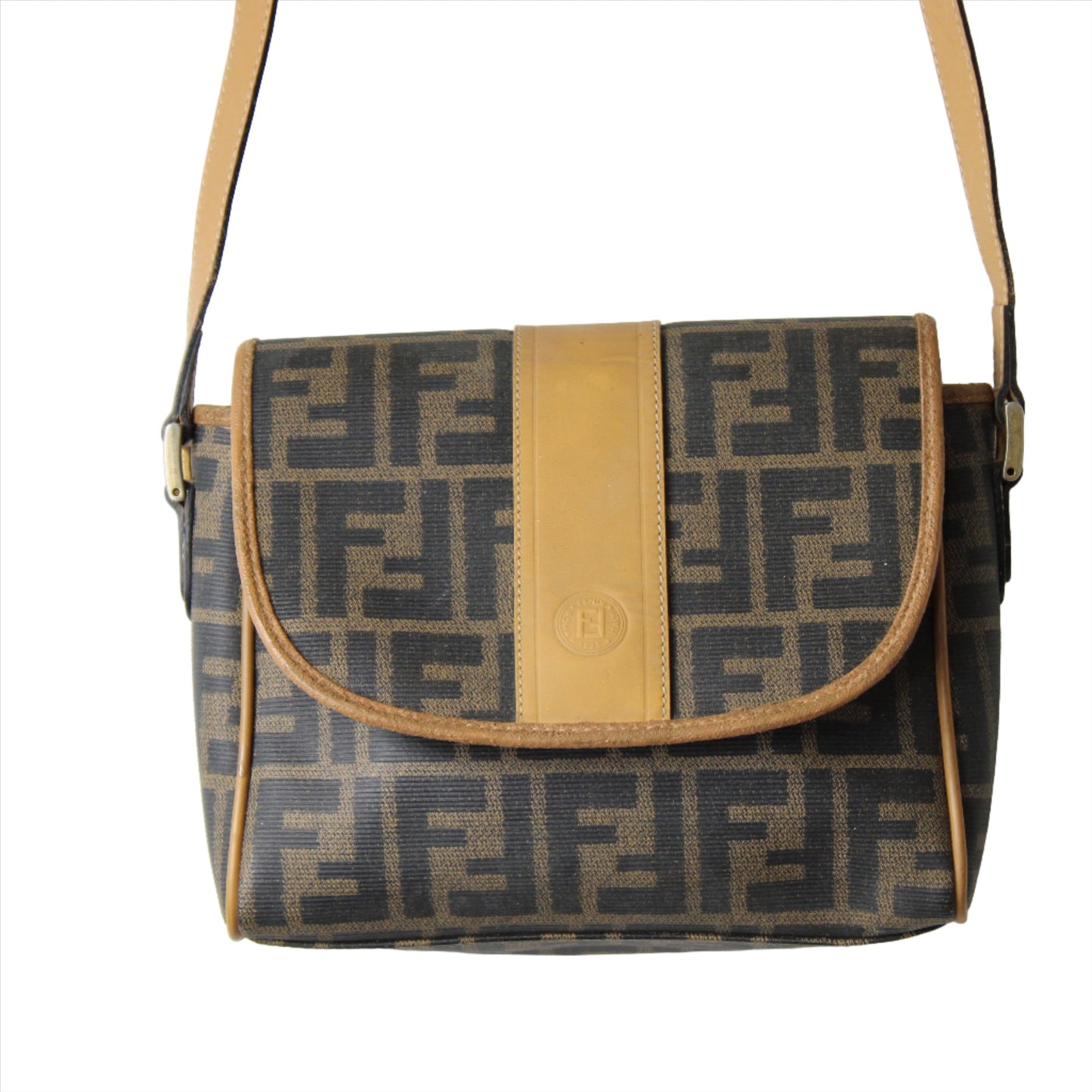 Fendi Brown Zucca Flap Crossbody Bag with Leather Trim