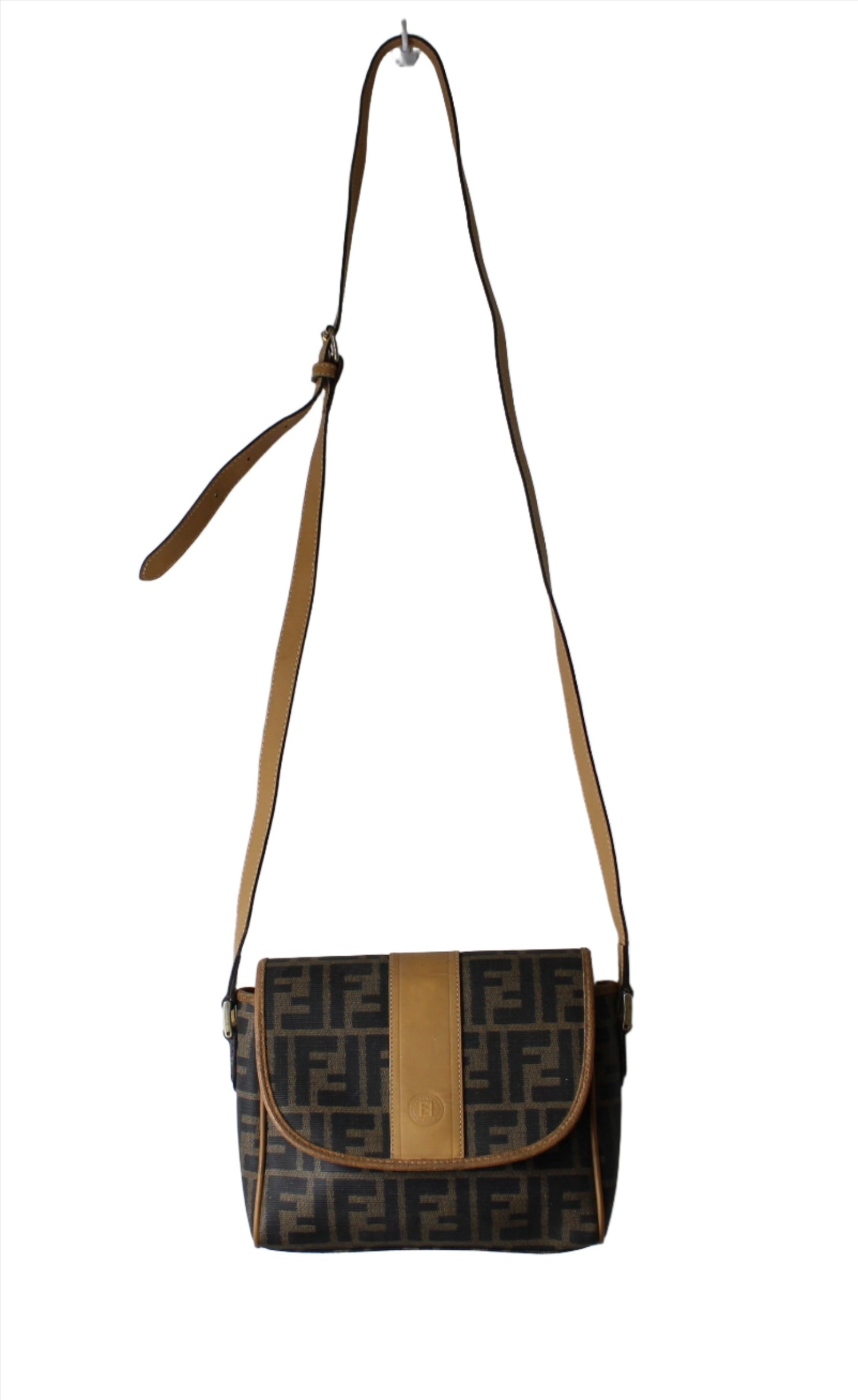 Fendi Brown Zucca Flap Crossbody Bag with Leather Trim