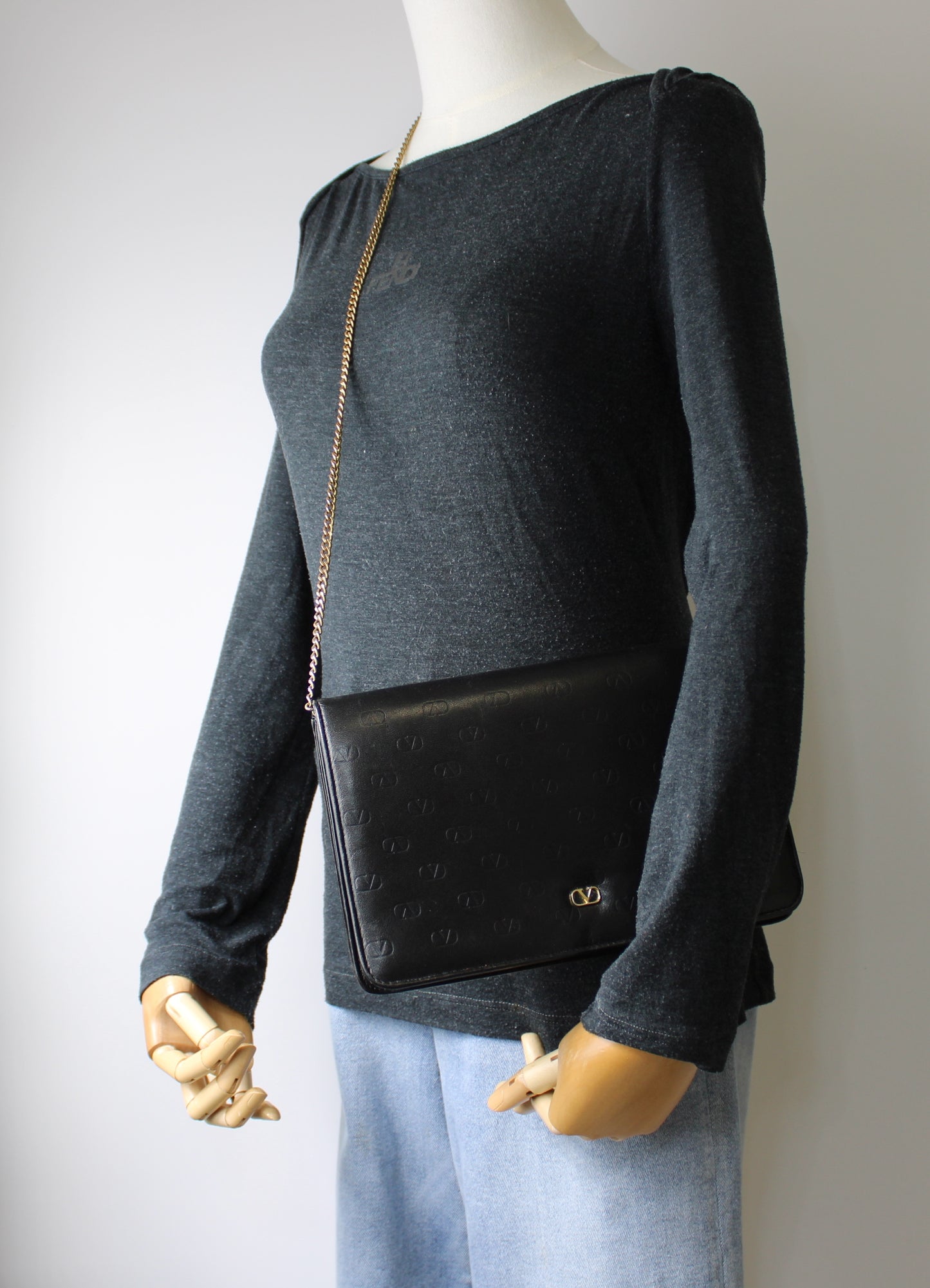 Valentino Garavani Black Lambskin Embossed Flap on Chain Crossbody Bag