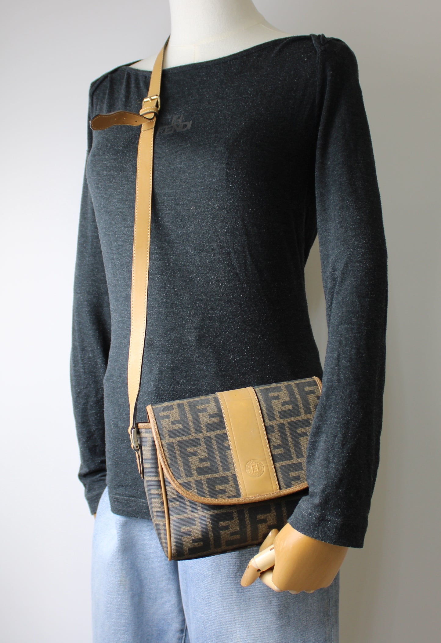 Fendi Brown Zucca Flap Crossbody Bag with Leather Trim