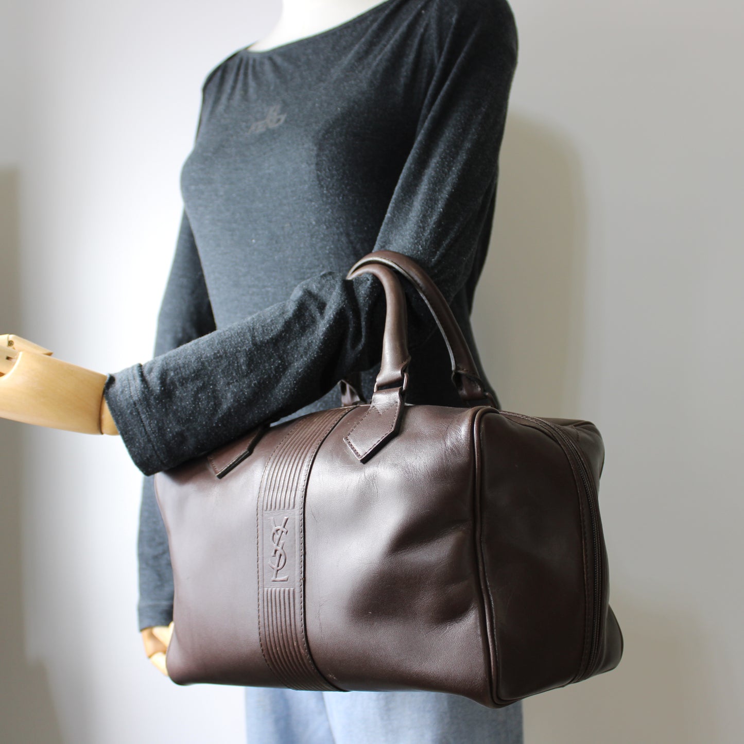 Yves Saint Laurent Brown Leather YSL Logo Boston Bag Vintage