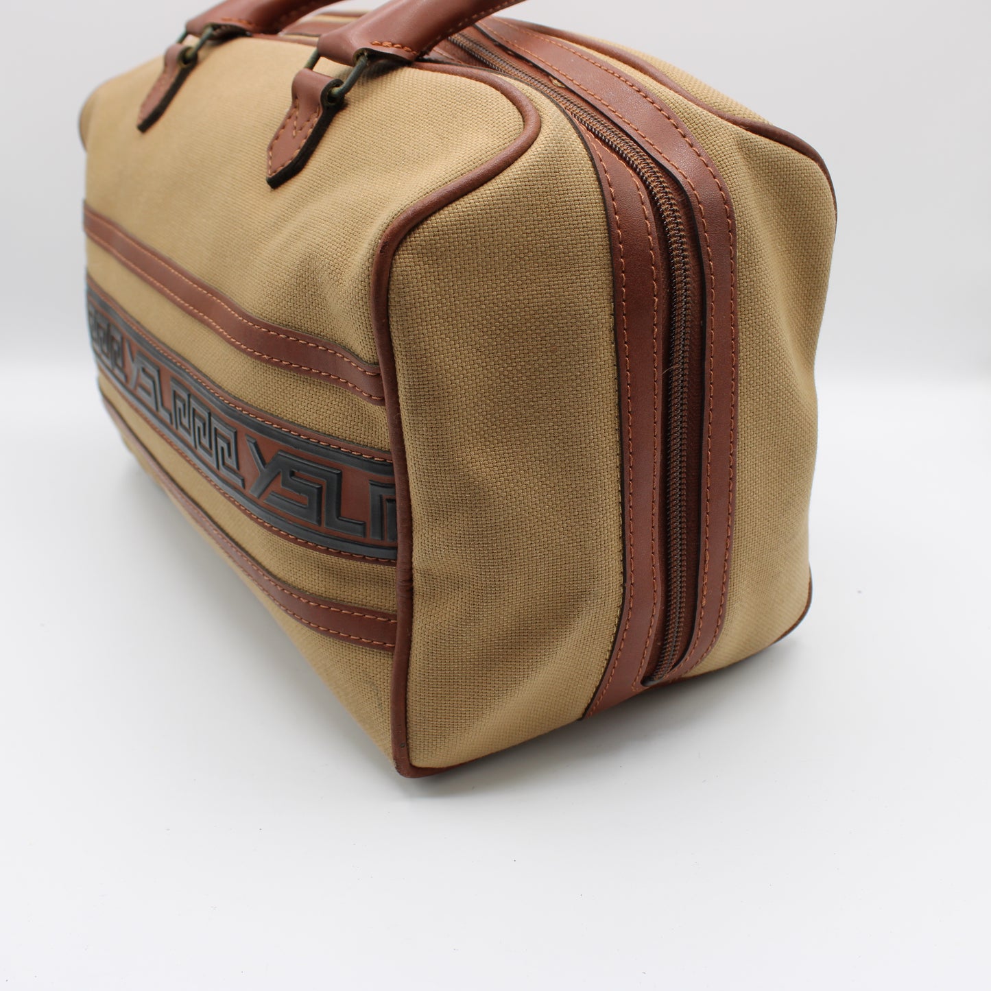 Yves Saint Laurent Tan YSL Canvas Leather Trim Boston Bag