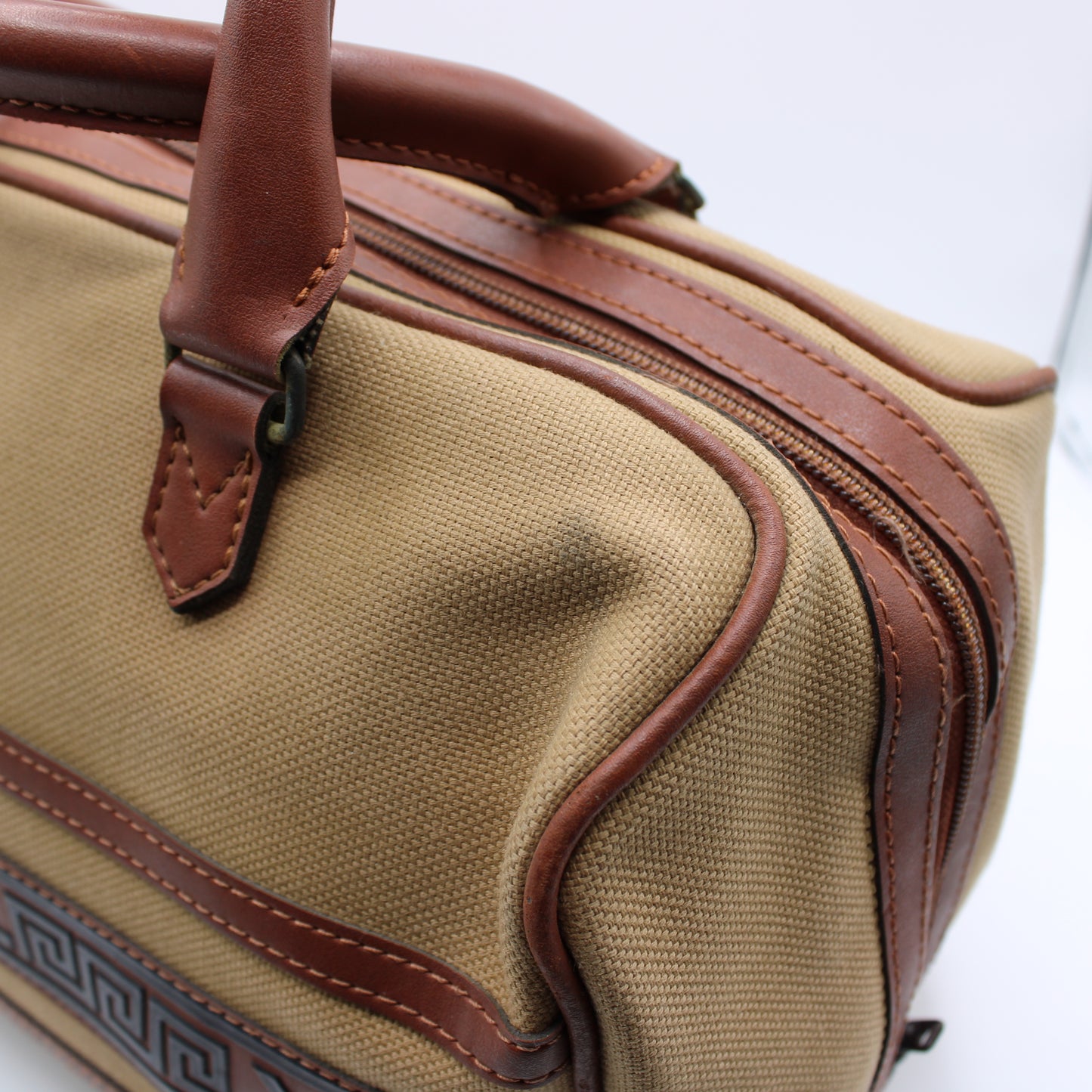 Yves Saint Laurent Tan YSL Canvas Leather Trim Boston Bag