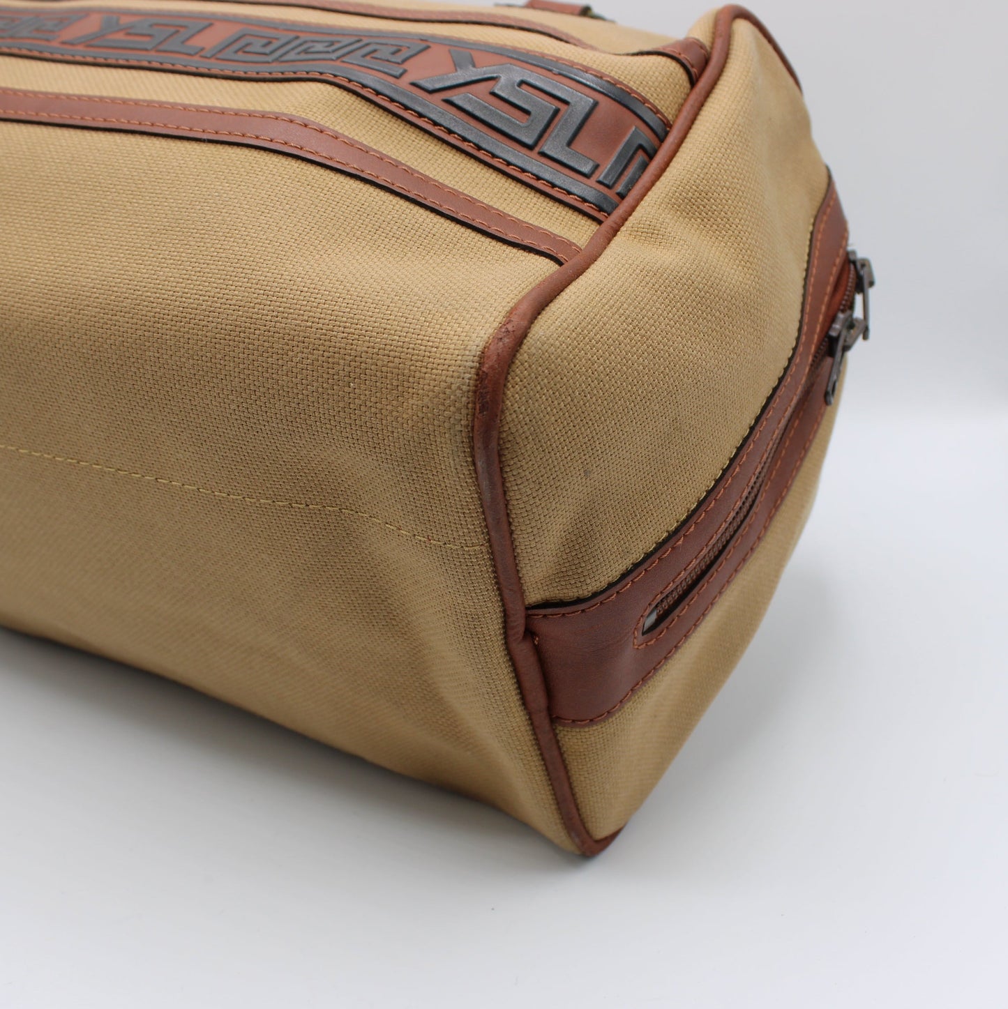 Yves Saint Laurent Tan YSL Canvas Leather Trim Boston Bag