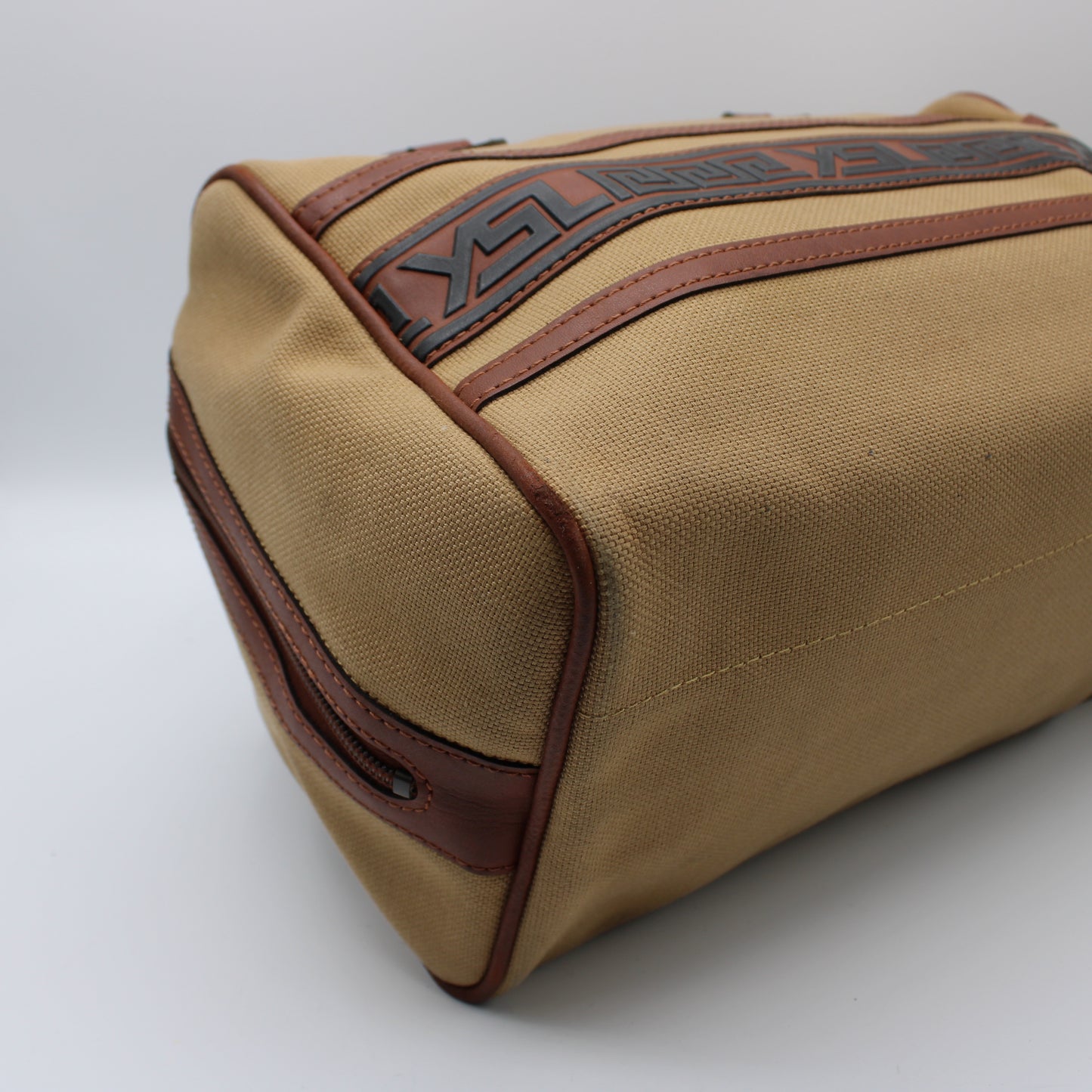 Yves Saint Laurent Tan YSL Canvas Leather Trim Boston Bag