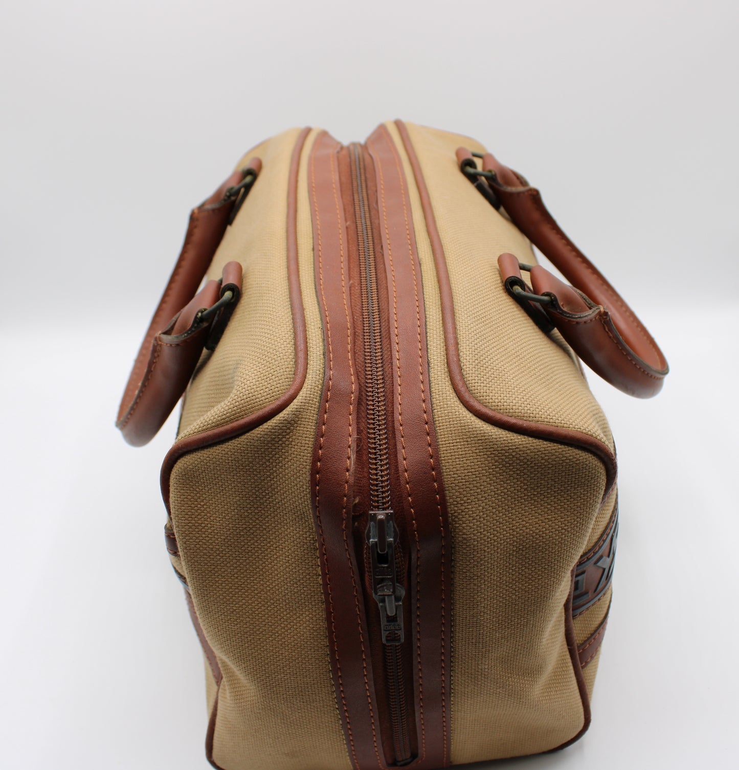 Yves Saint Laurent Tan YSL Canvas Leather Trim Boston Bag