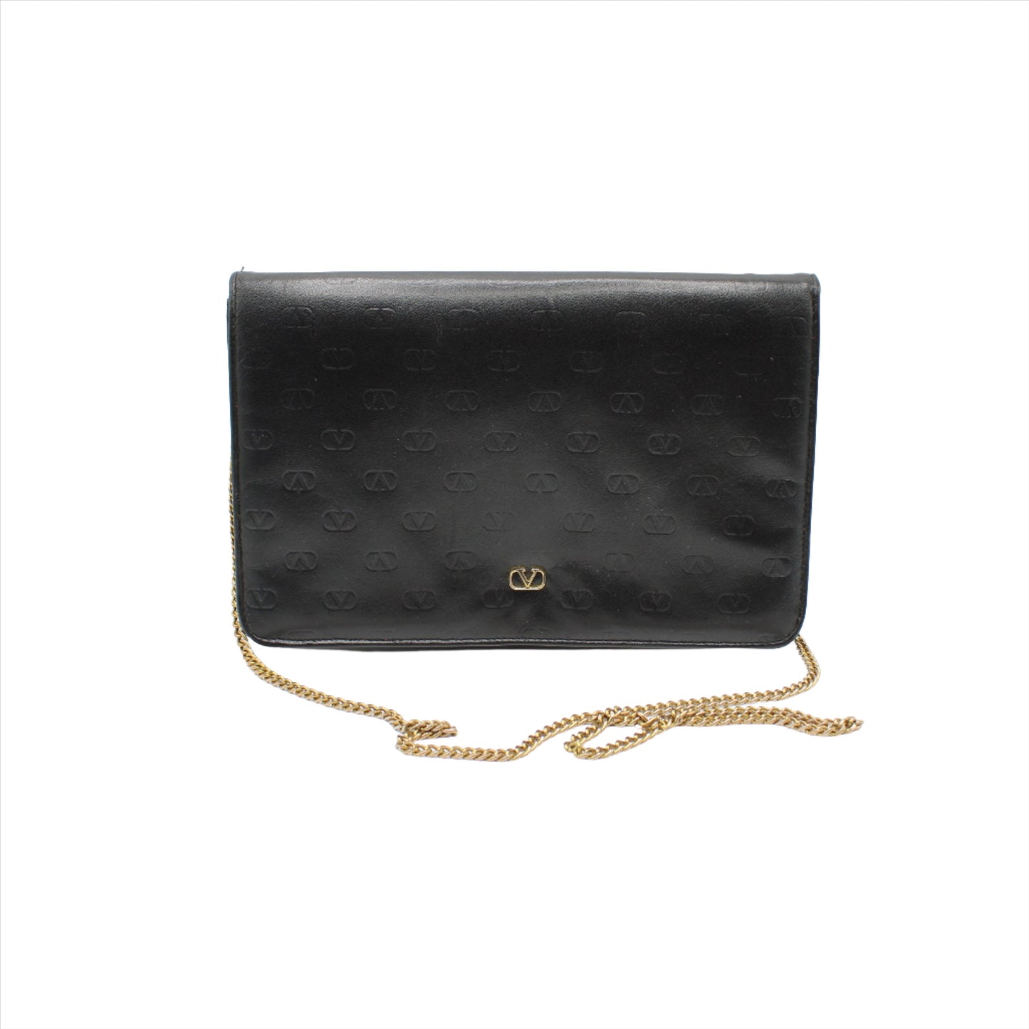 Valentino Garavani Black Lambskin Embossed Flap on Chain Crossbody Bag front
