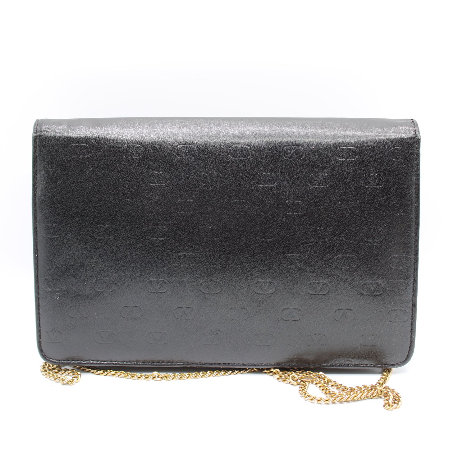 Valentino Garavani Black Lambskin Embossed Flap on Chain Crossbody Bag