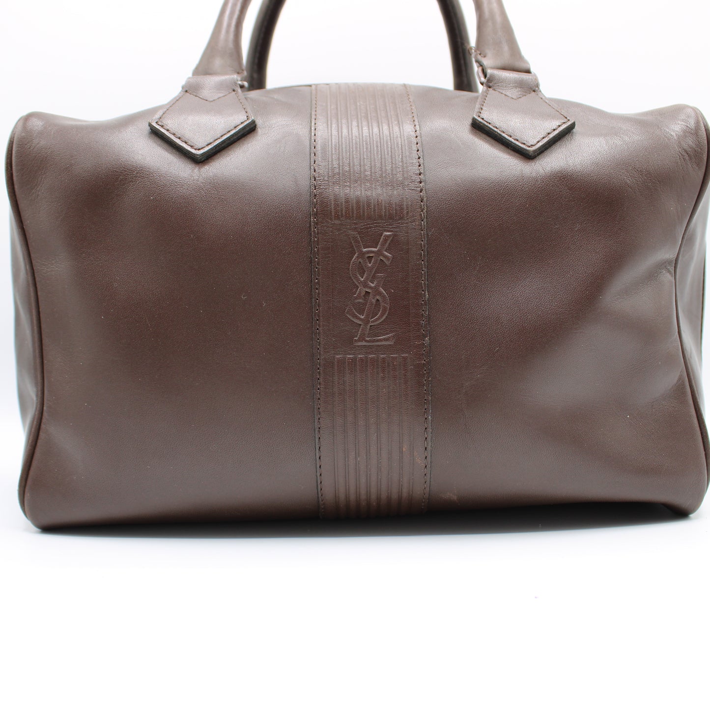 Yves Saint Laurent Brown Leather YSL Logo Boston Bag Vintage