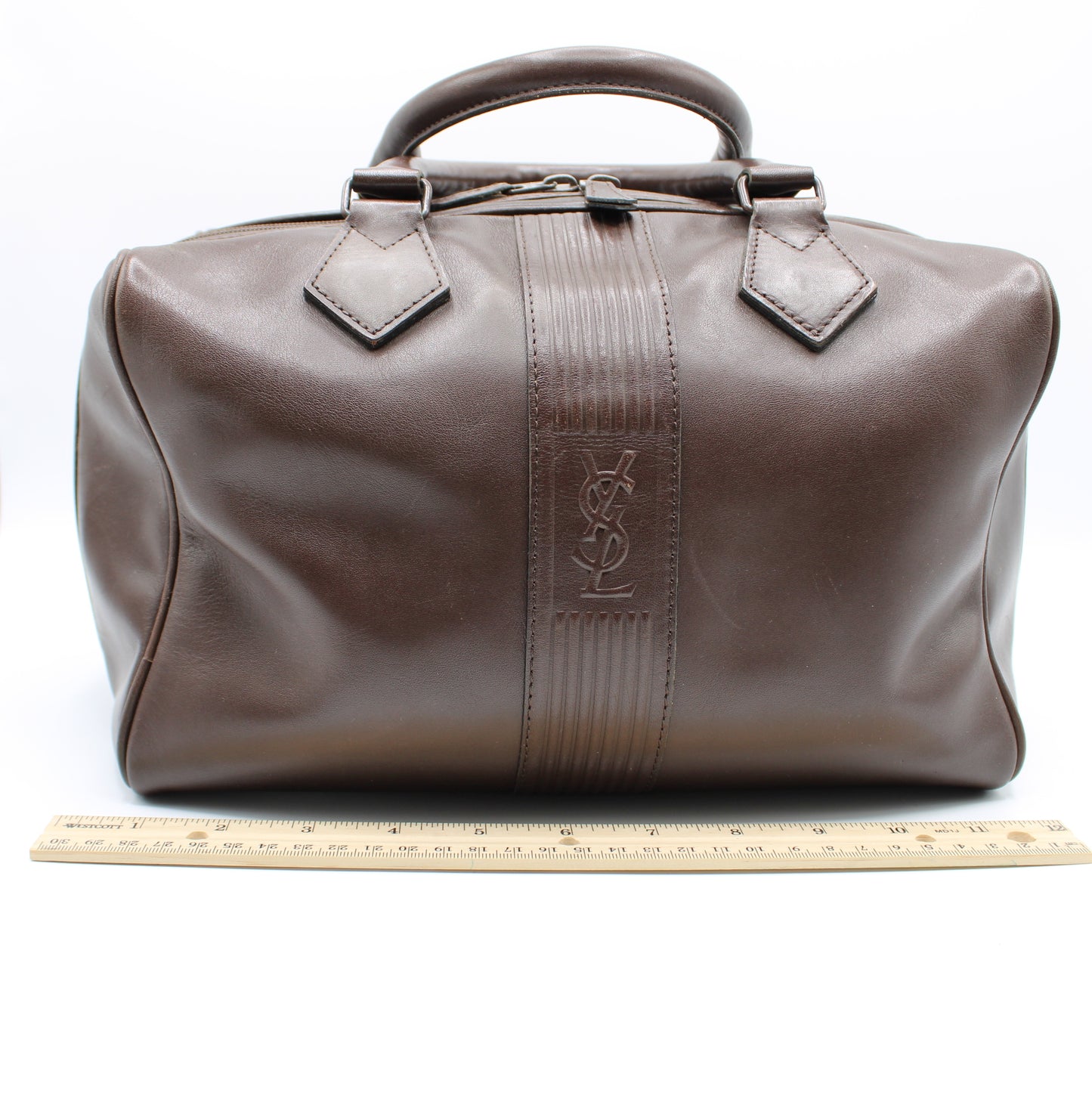 Yves Saint Laurent Brown Leather YSL Logo Boston Bag Vintage