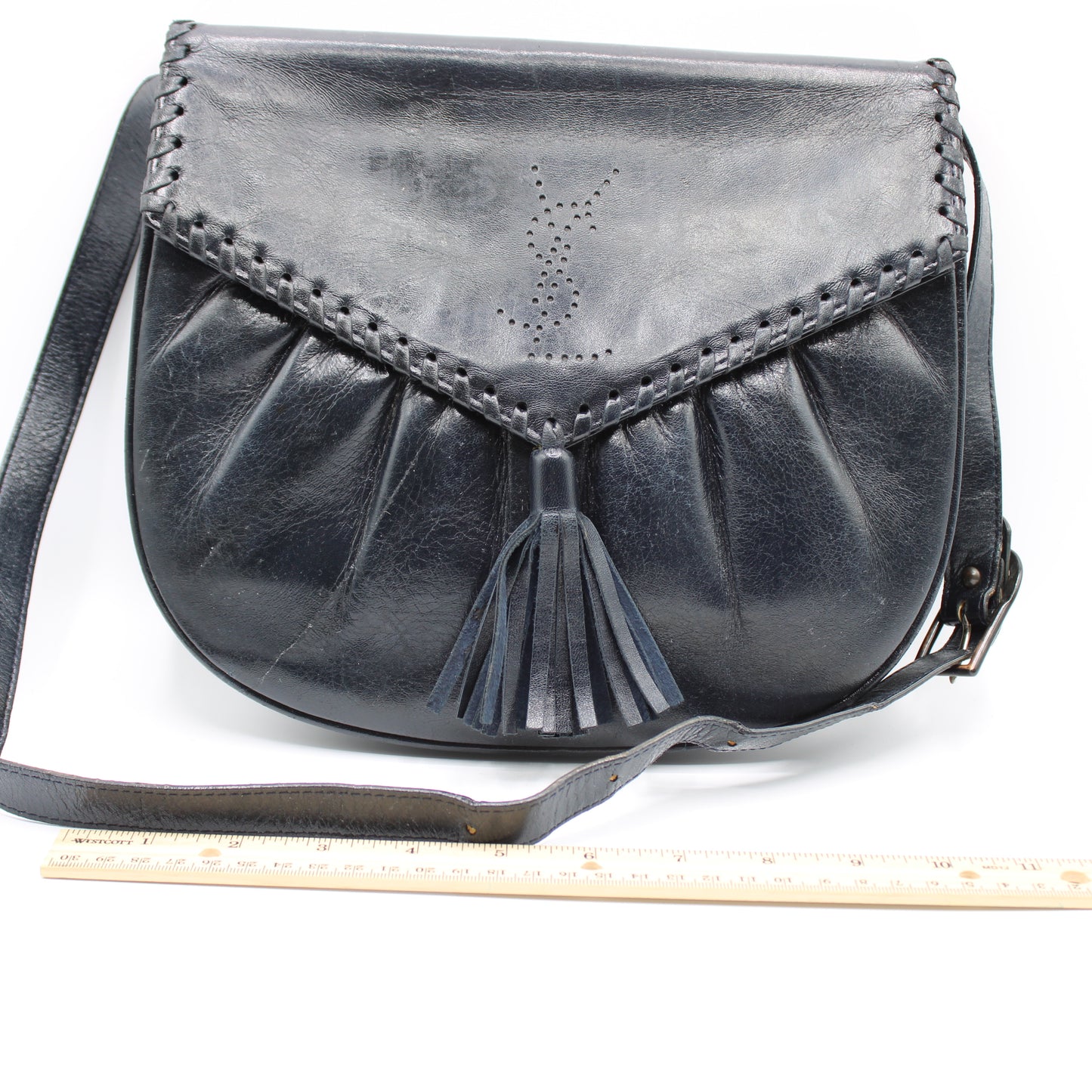 Yves Saint Laurent Perforated Logo Tassel Black Leather Crossbody Bag