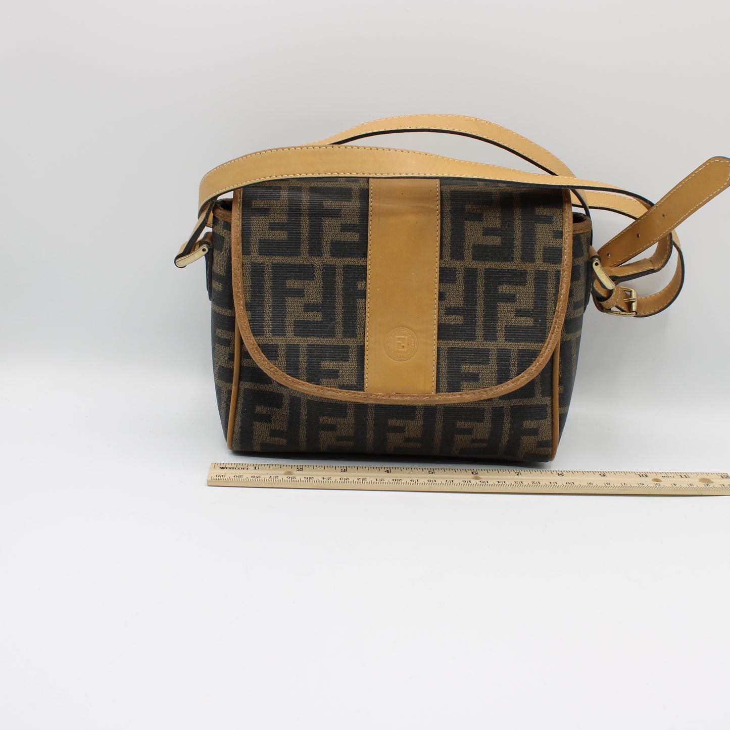 Fendi Brown Zucca Flap Crossbody Bag with Leather Trim