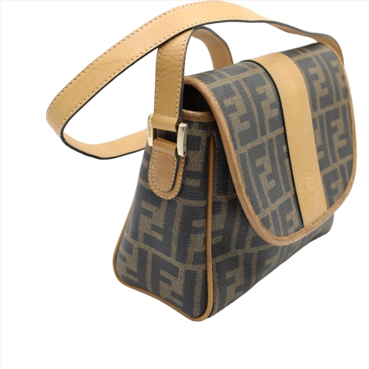 Fendi Brown Zucca Flap Crossbody Bag with Leather Trim left side