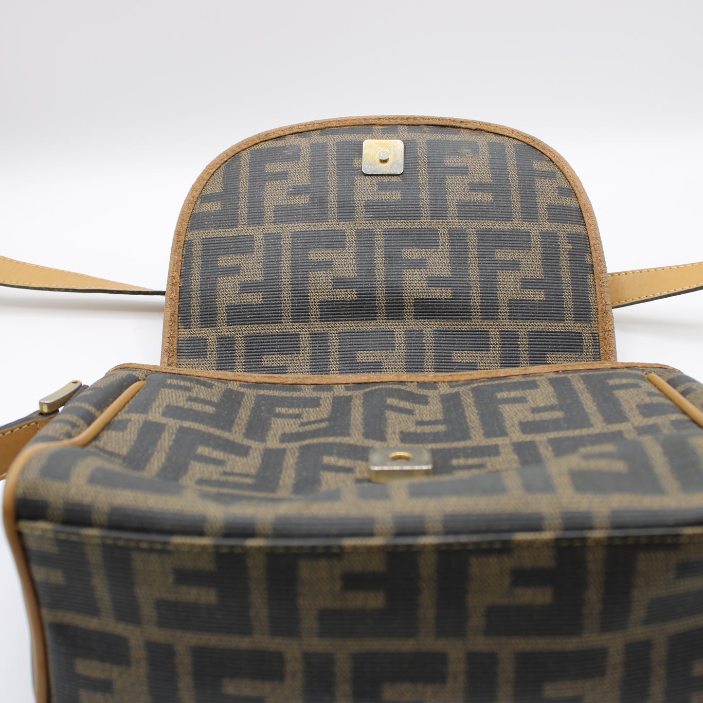 Fendi Brown Zucca Flap Crossbody Bag with Leather Trim