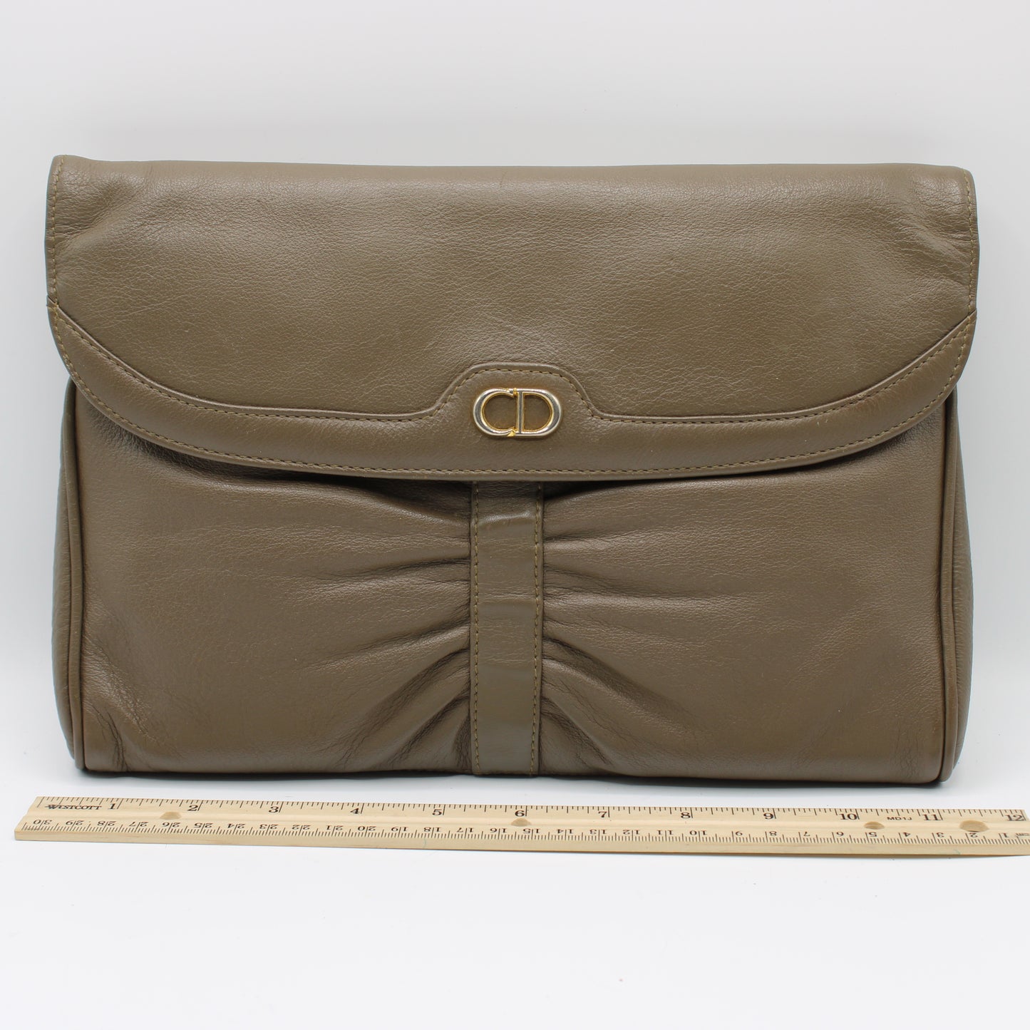 Christian Dior Beige Leather Clutch with Logo on Flap Bag