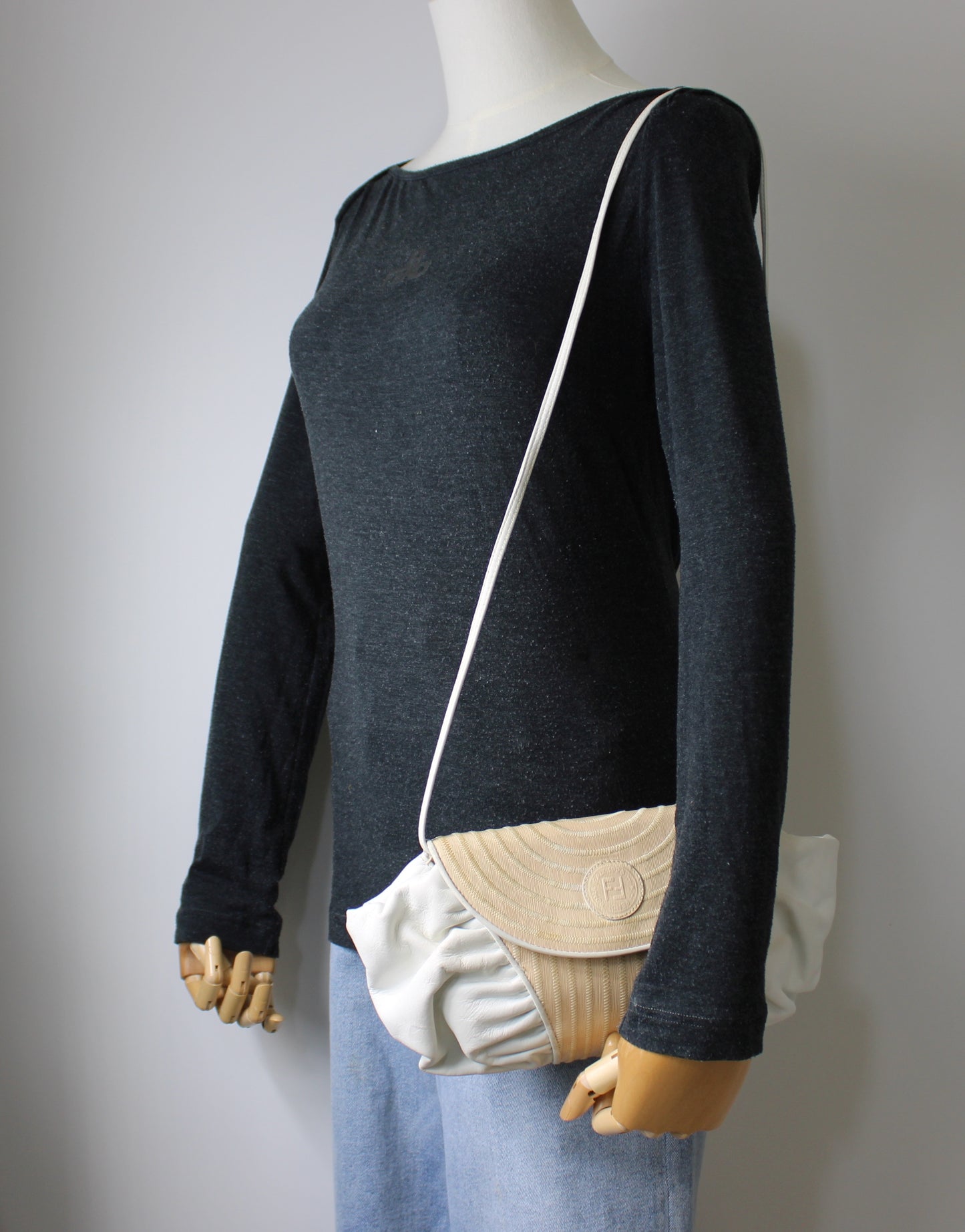 Fendi White Beige Leather East-West Clutch Crossbody Bag