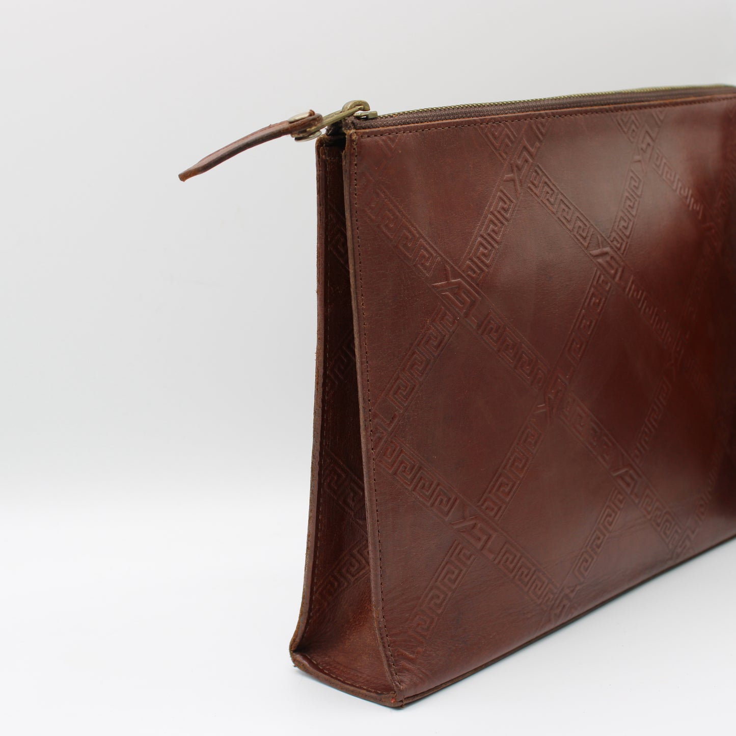 Yves Saint Laurent Brown Leather YSL Logo Embossed Clutch Bag