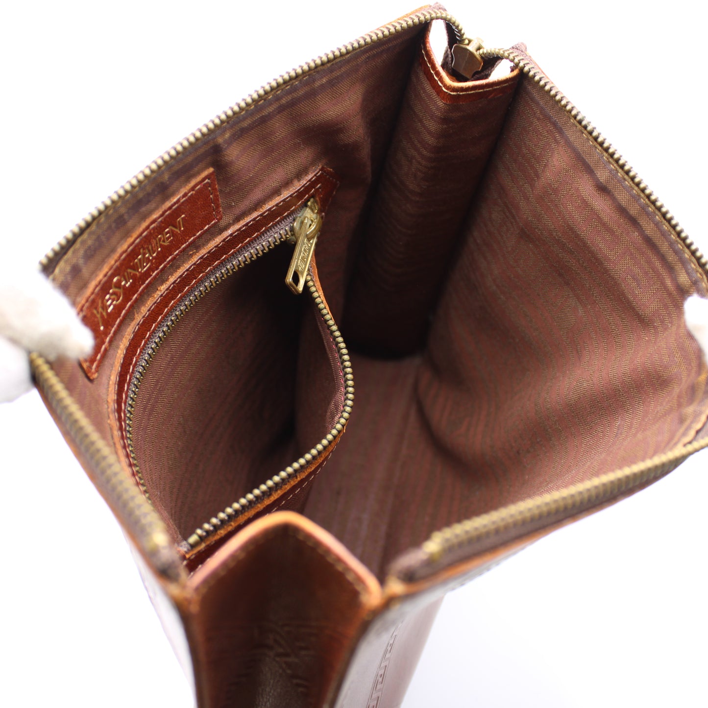 Yves Saint Laurent Brown Leather YSL Logo Embossed Clutch Bag