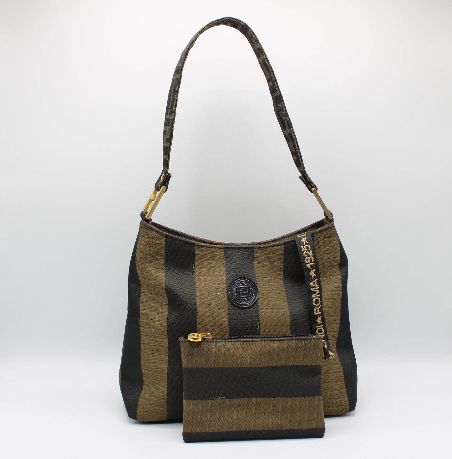 Fendi FF Pequin Stripe Roma 1925 Shoulder Bag and Pouch