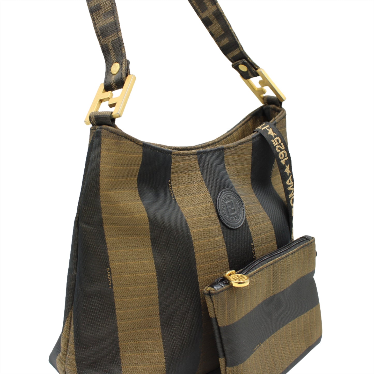 Fendi FF Logo Pequin Stripe Shoulder Bag with Pouch both view
