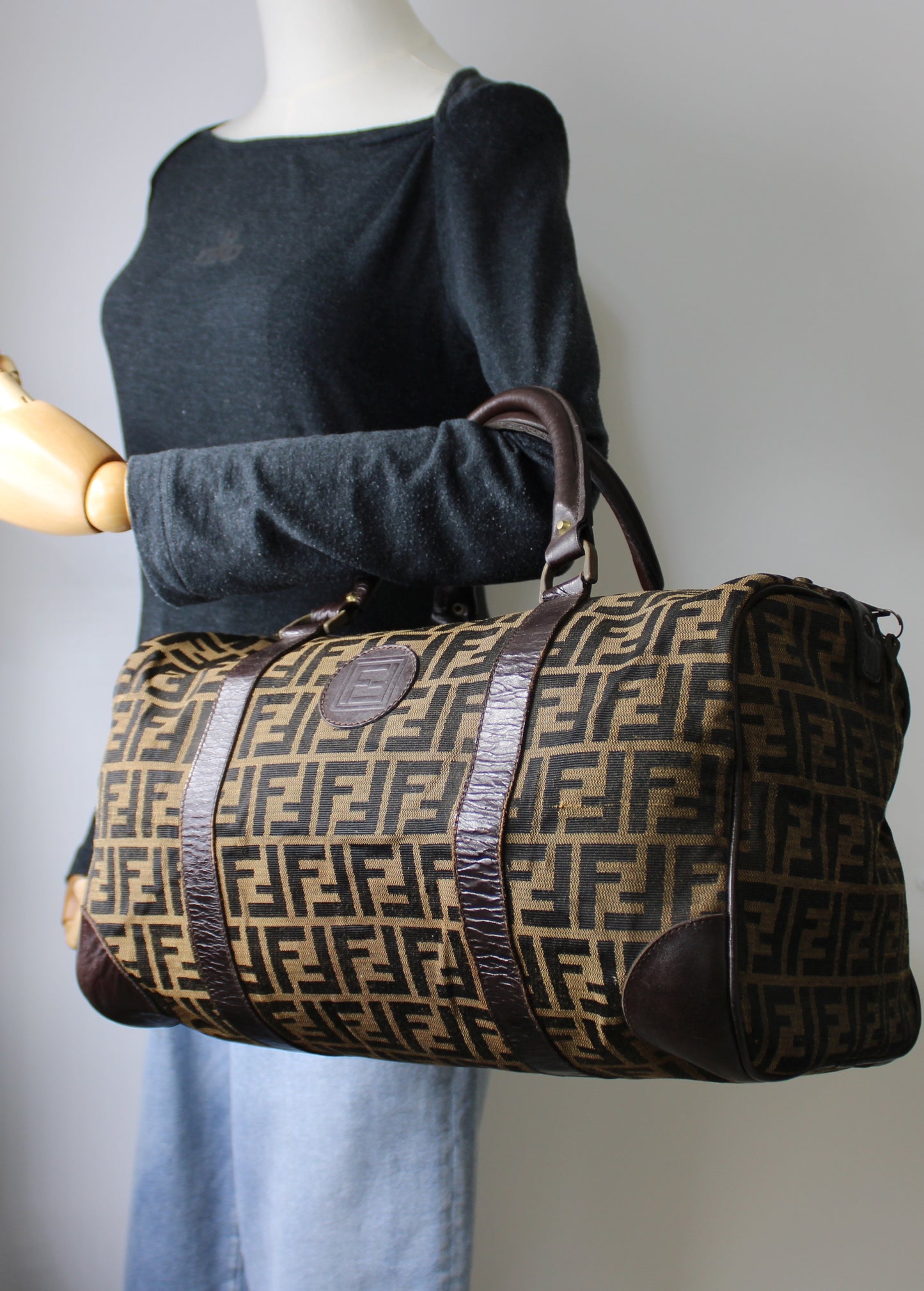 Fendi Zucca FF Canvas Leather Boston Bag