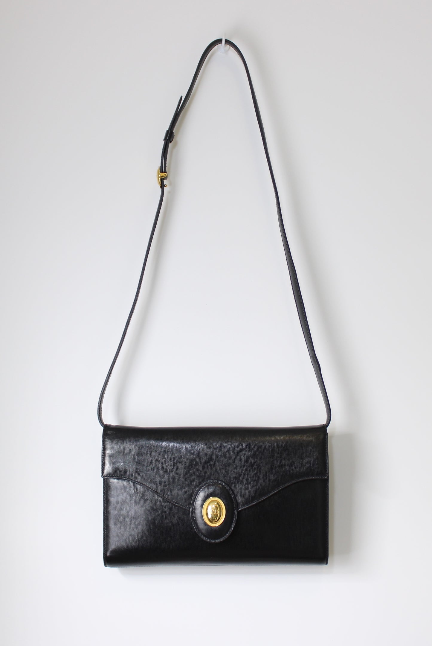 Christian Dior Black Leather Crossbody Bag Gold Logo