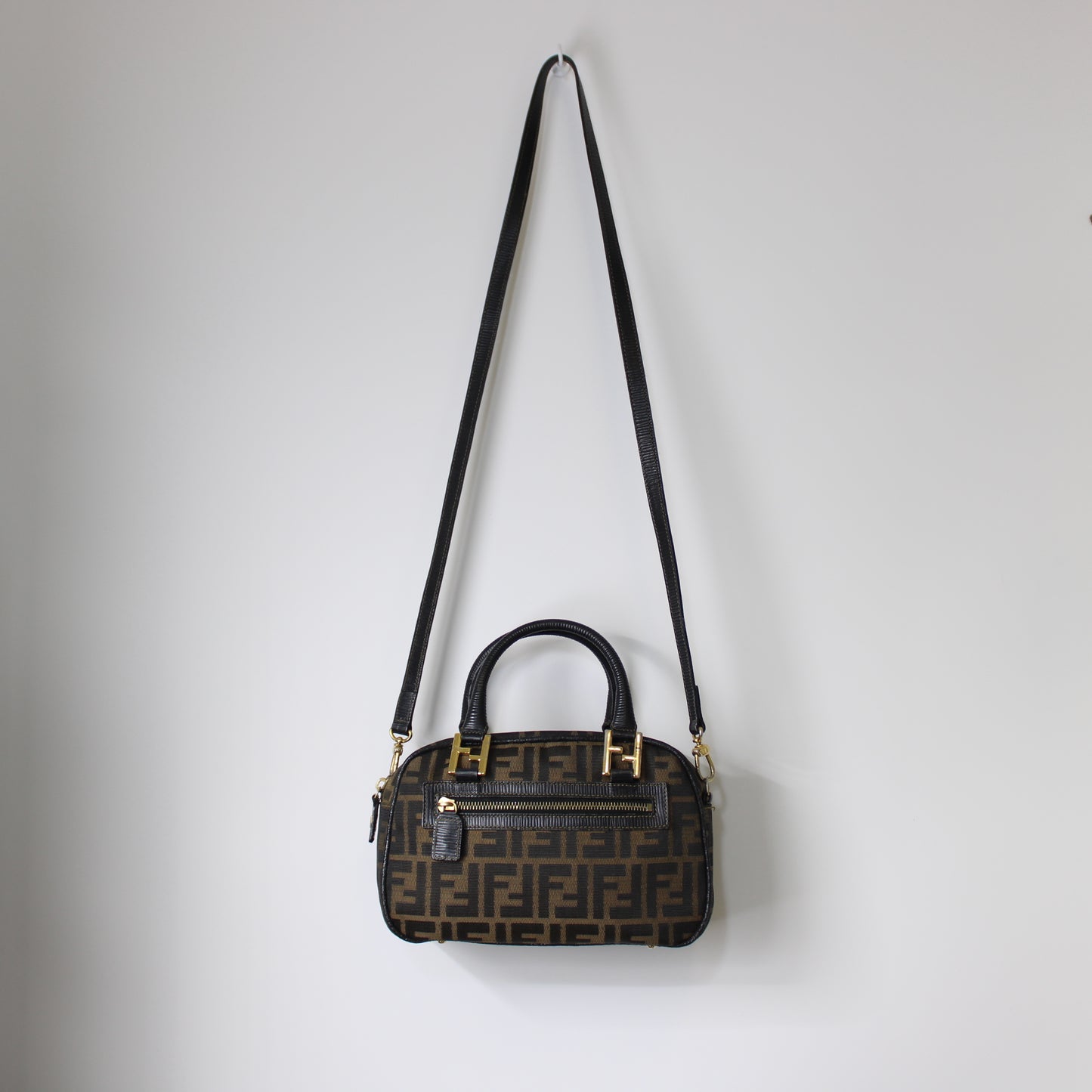 Fendi Zucca Canvas Leather Crossbody Strap Mini Boston Bag