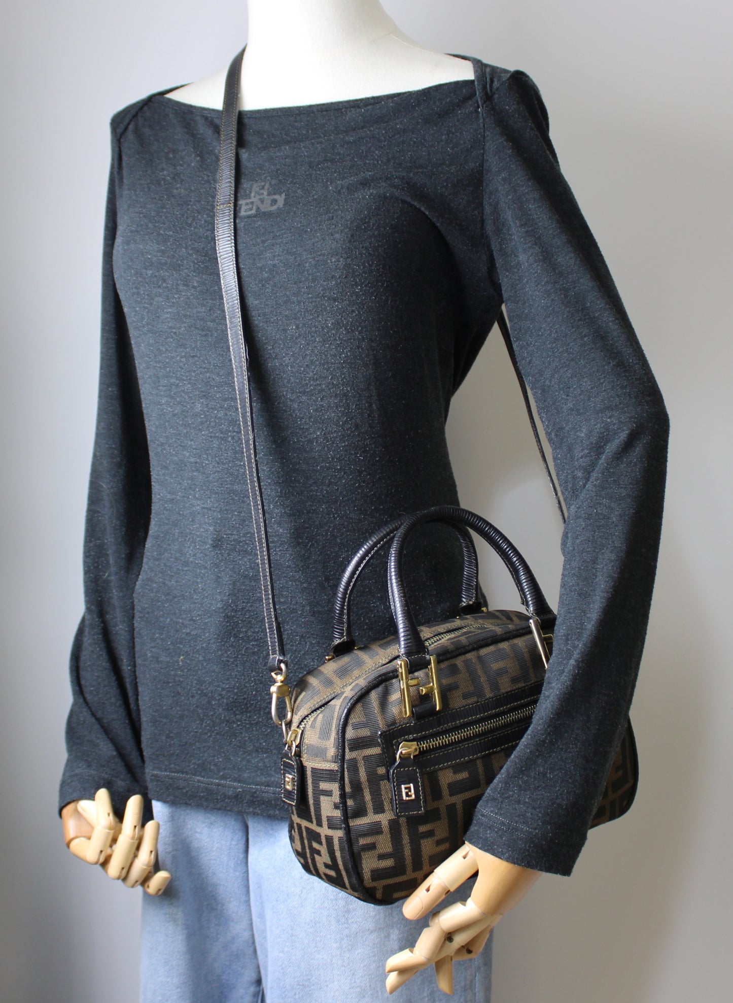 Fendi Zucca Canvas Leather Crossbody Strap Mini Boston Bag