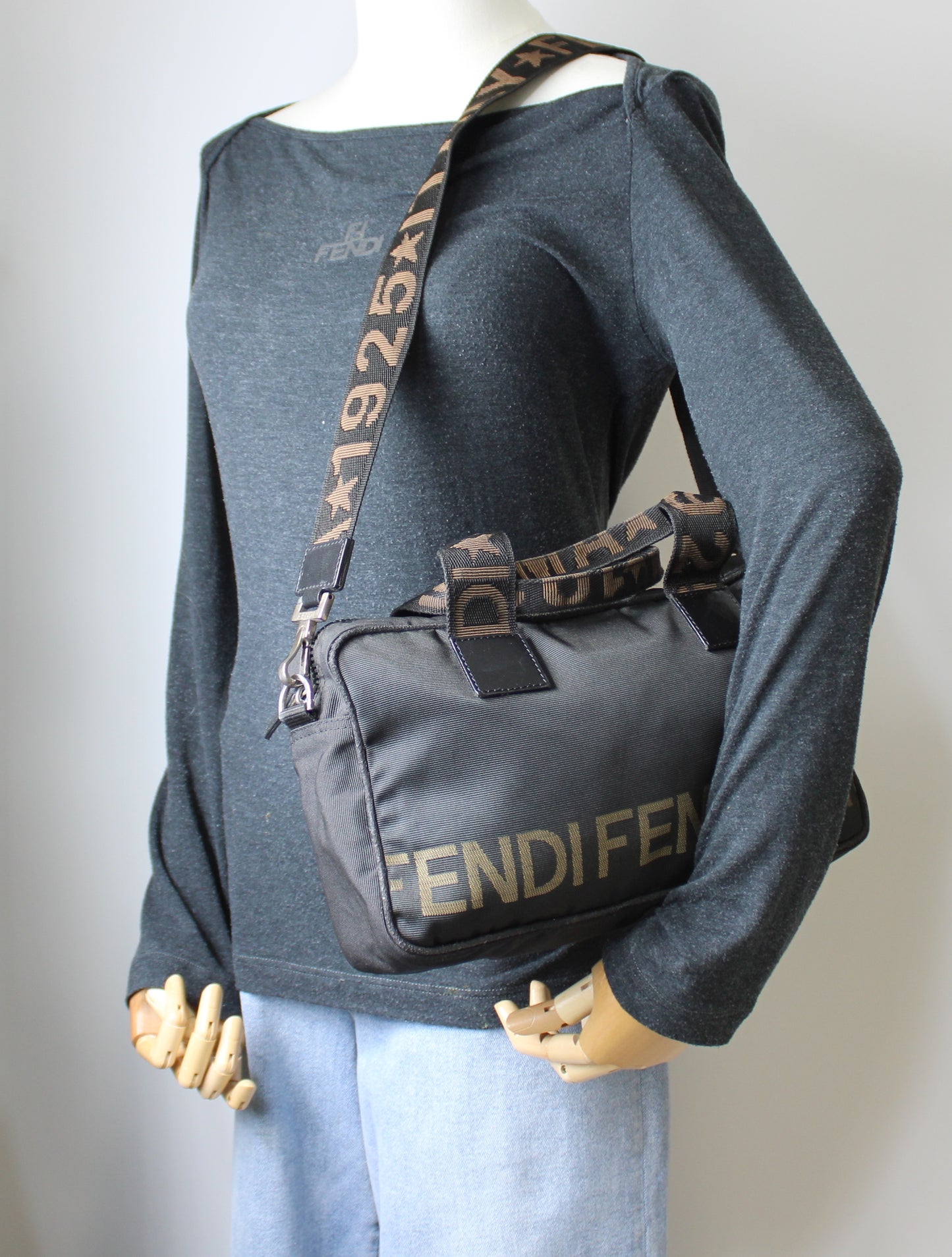 Fendi Black Canvas Leather Star Roma 2-Way Crossbody Bag