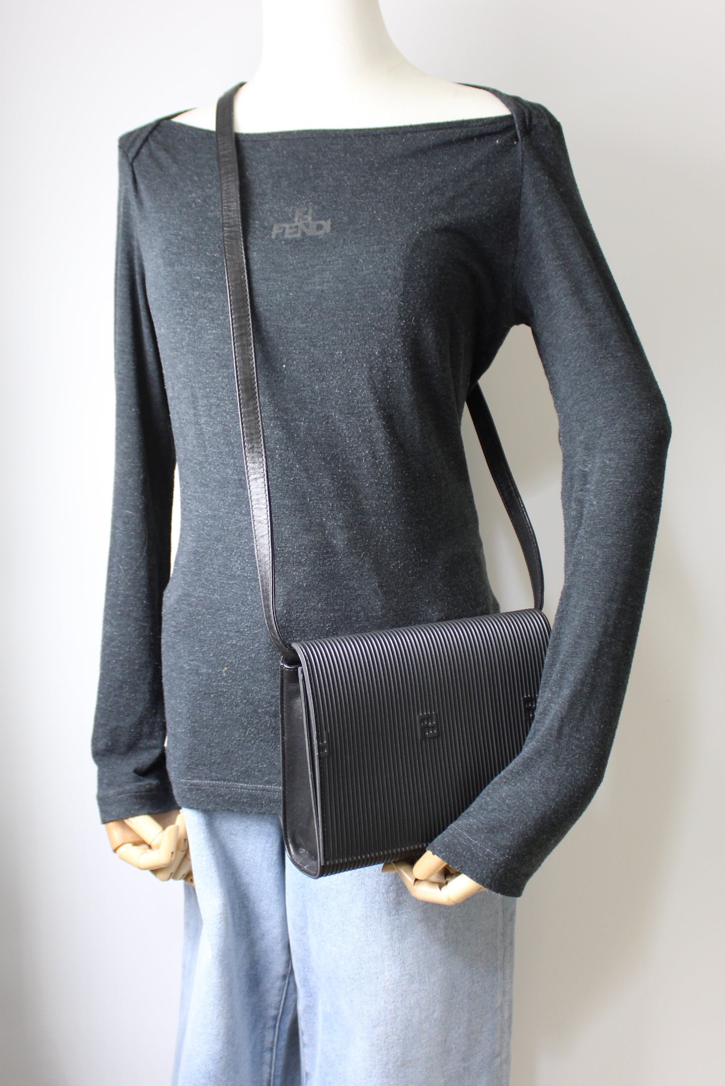 Fendi Black Leather Flap Embossed Logo Crossbody Bag