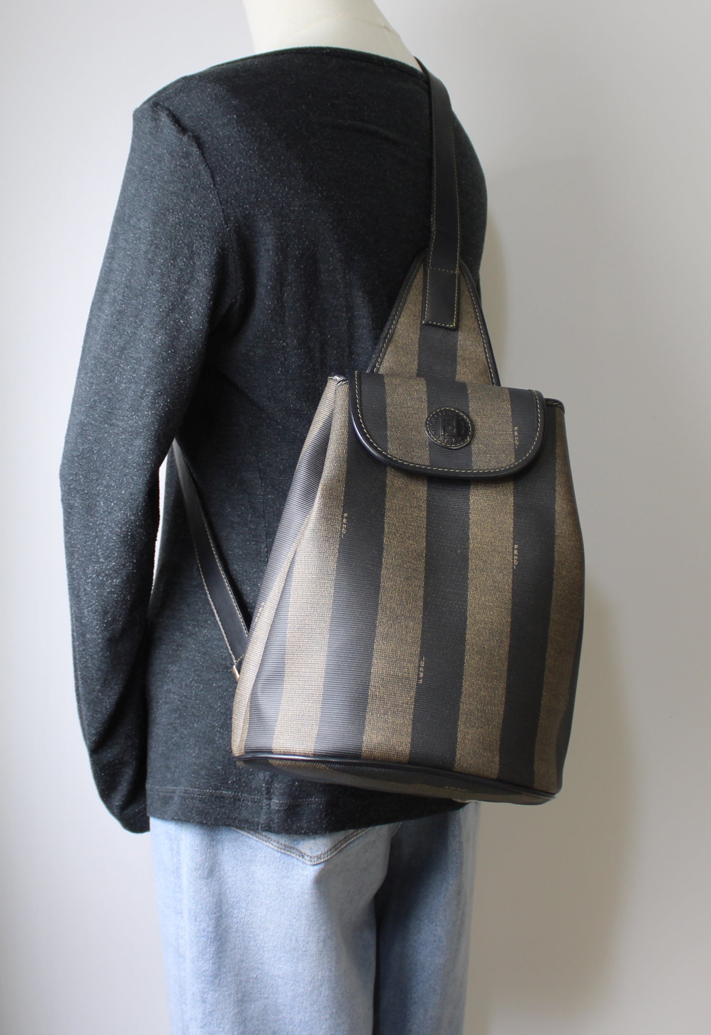 Fendi Pequin Striped Sling Bag Adjustable Shoulder Strap Leather Trim