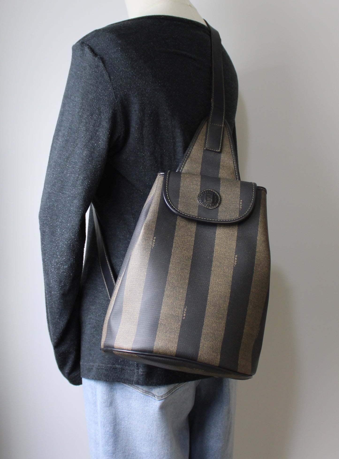 Fendi Pequin Striped Sling Bag Adjustable Shoulder Strap Leather Trim