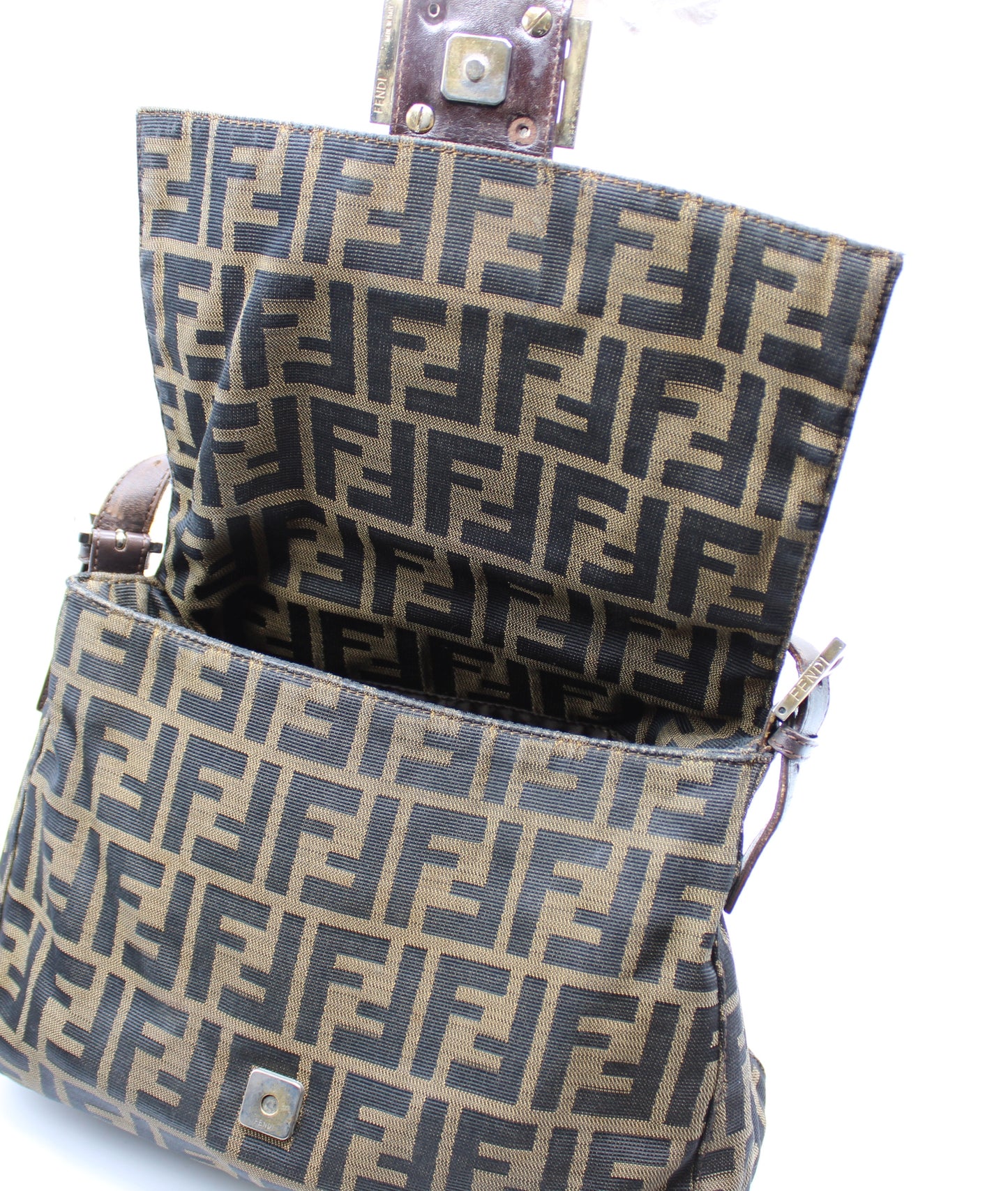 Fendi Brown Canvas Leather Zucca Mama Forever Baguette Hobo Bag