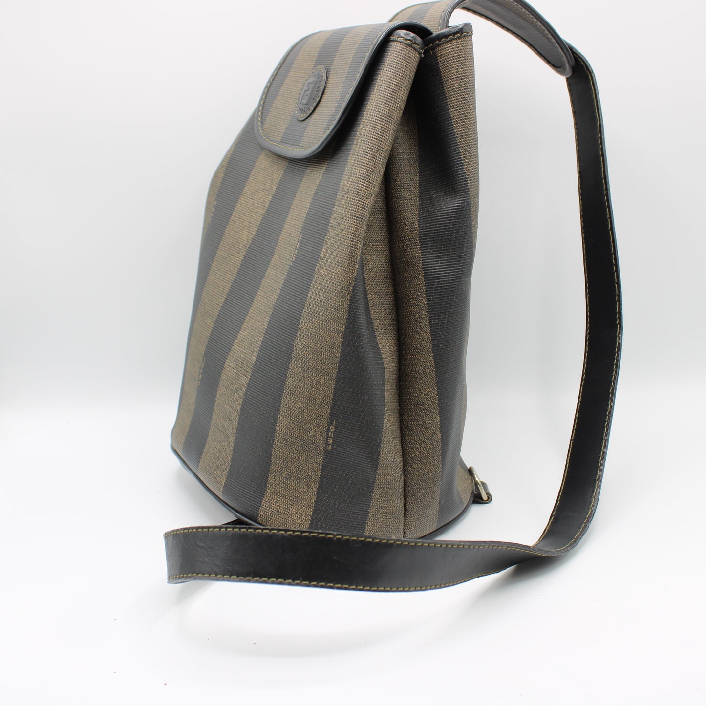 Fendi Pequin Striped Sling Bag Adjustable Shoulder Strap Leather Trim