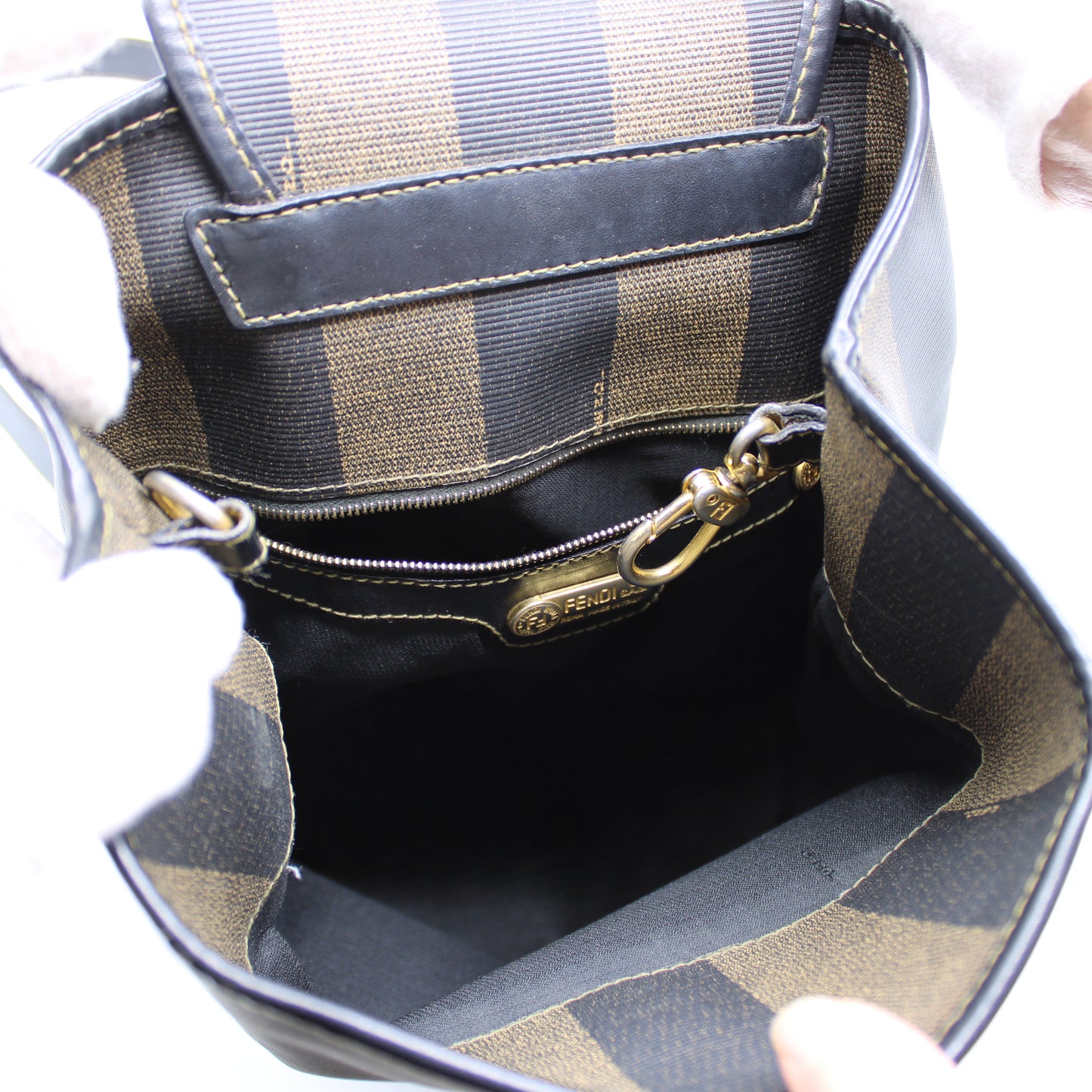Fendi Pequin Striped Sling Bag Adjustable Shoulder Strap Leather Trim