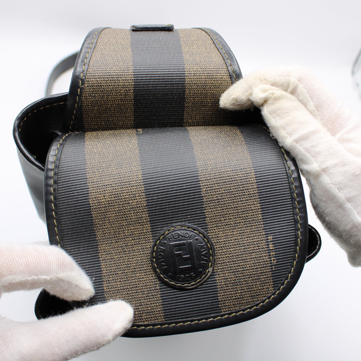 Fendi Pequin Striped Sling Bag Adjustable Shoulder Strap Leather Trim